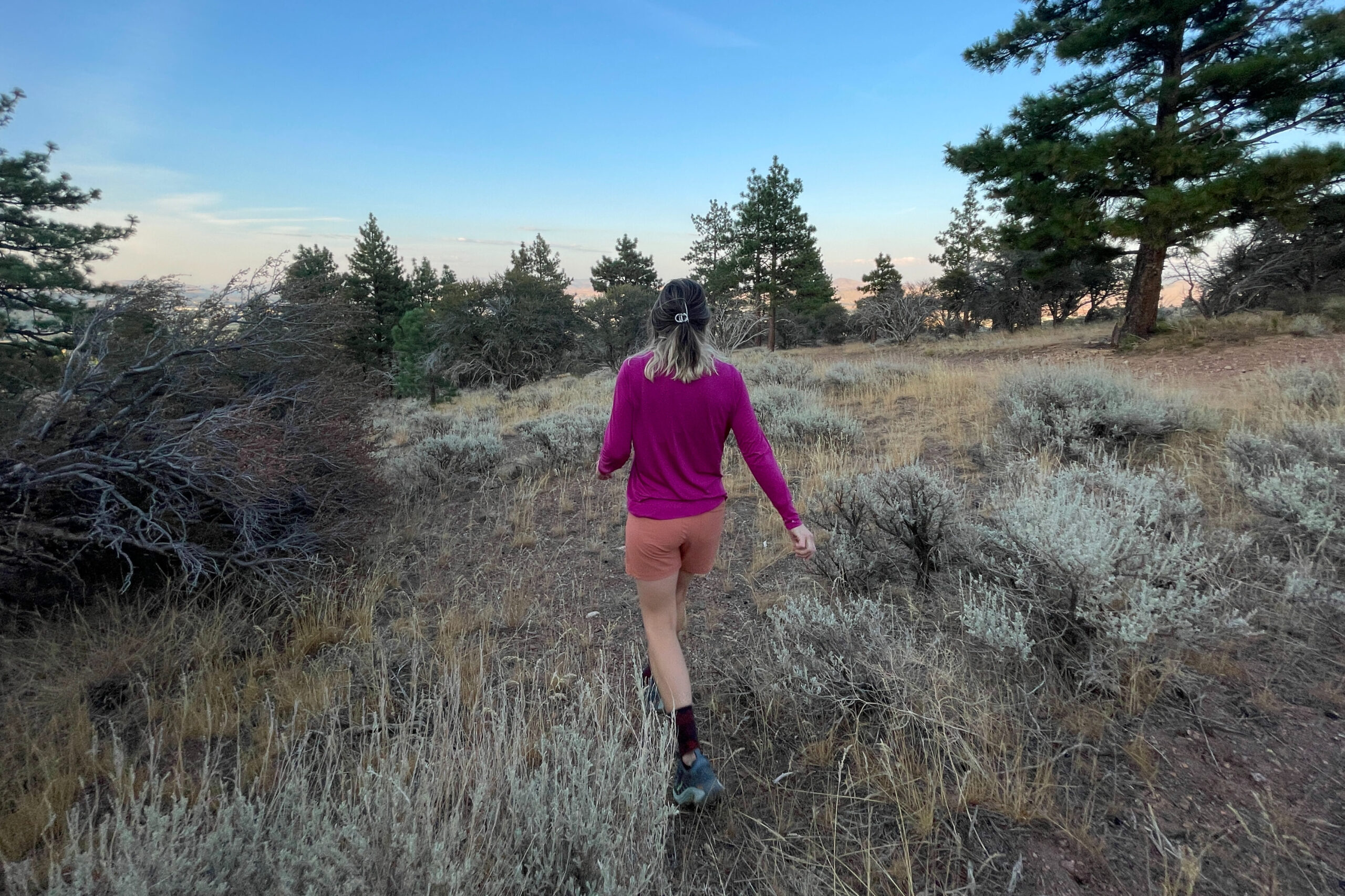 a hiker on a hike in a high desert with juniper trees in the background. She is wearing the patagonia quandary shorts