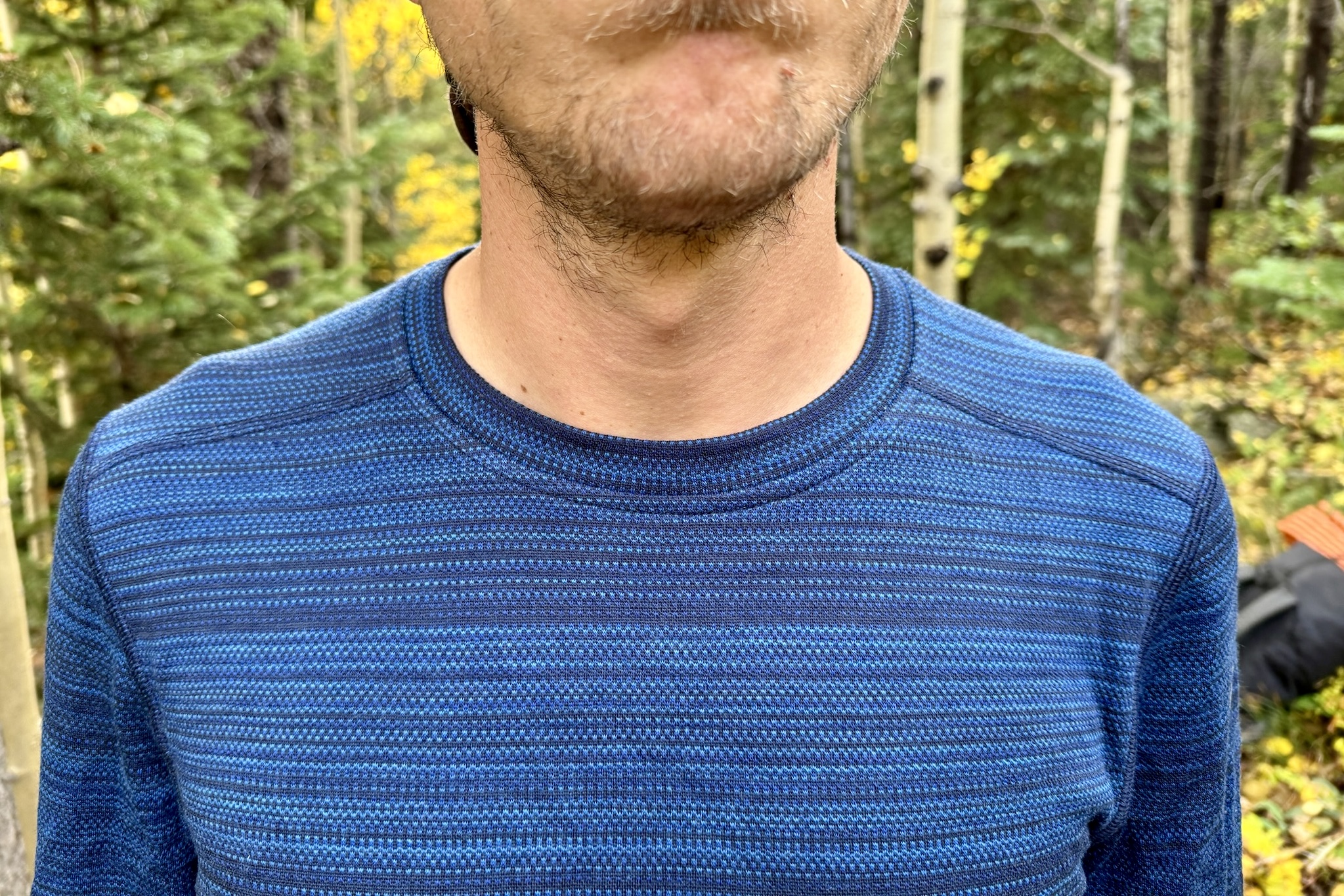 A close up of the neck on the Smartwool Classic Thermal base layer. Trees are in the background.