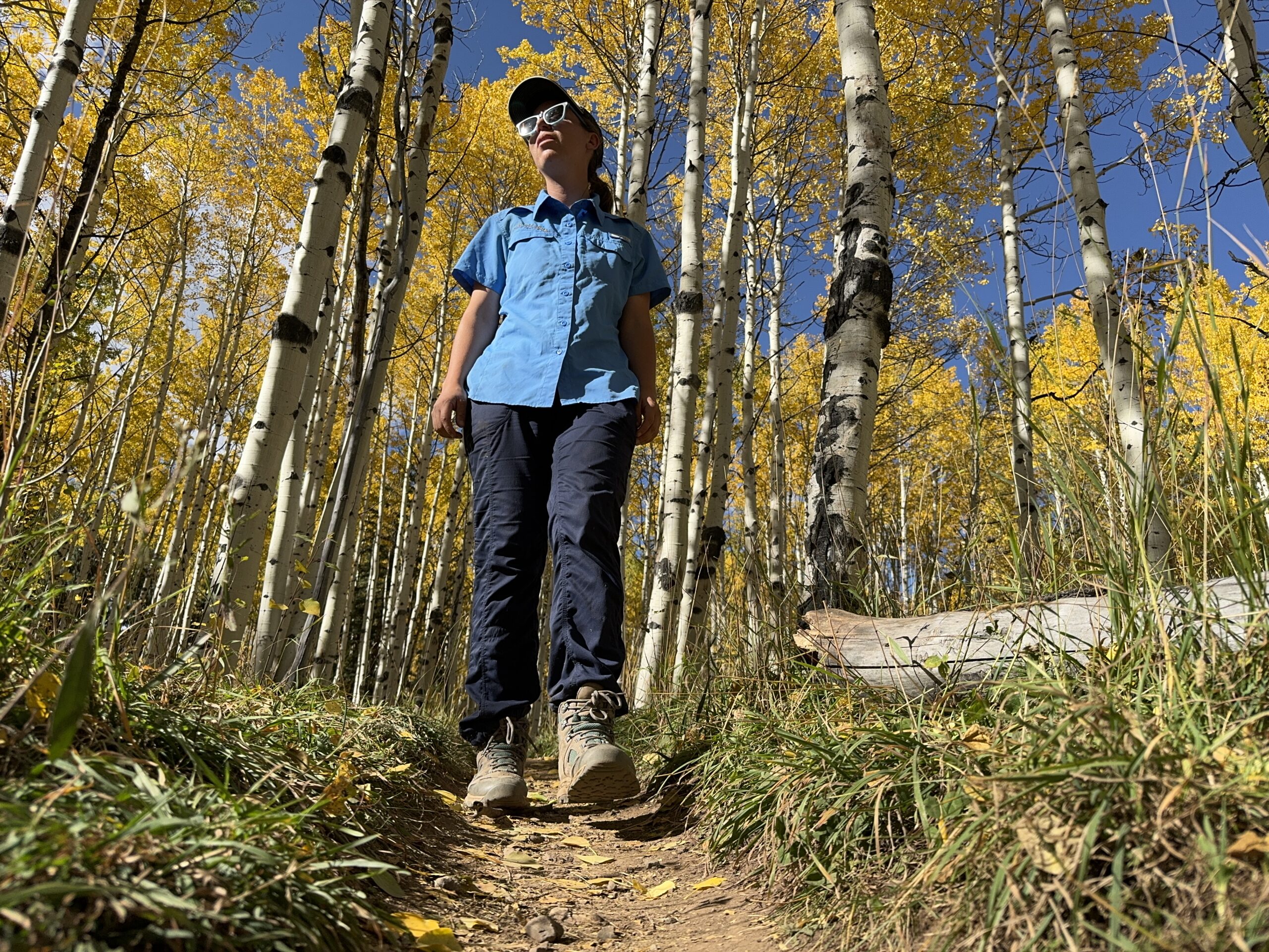 a day hiker wearing the north face aphrodite 2.0 pants on a trail through an aspen forest