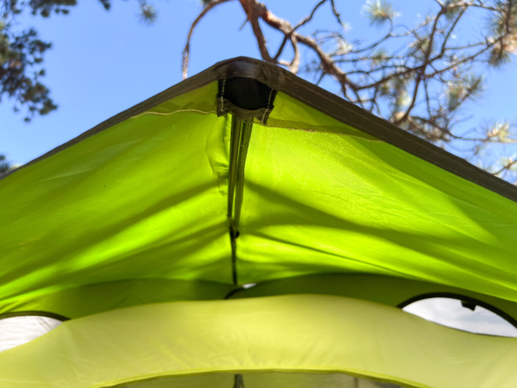 A third tentpole is used to keep the fly taught in the front and back of the tent. The pole fits into a bit of webbing on each end.