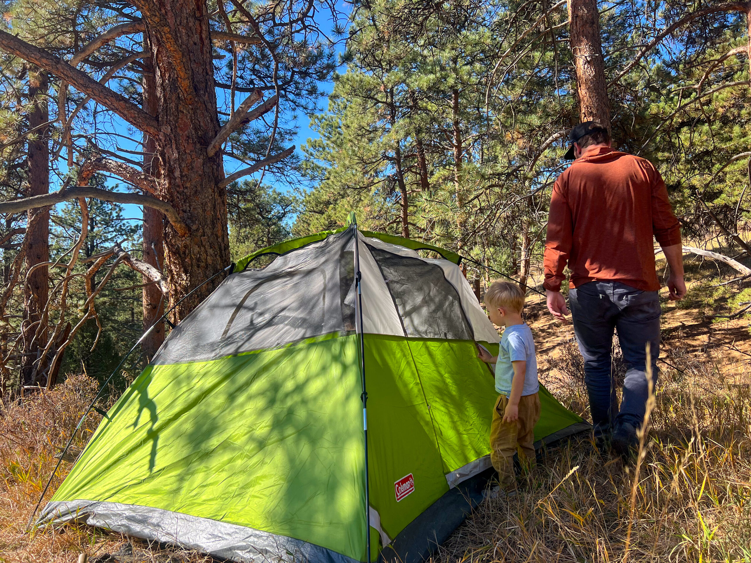 A father and young child are walking toward a Coleman Sundome 4 tent in a wooded area. The child is standing by the tent's door, while the father is behind, both preparing to enter the tent. The tent is green with gray mesh windows and is surrounded by trees.