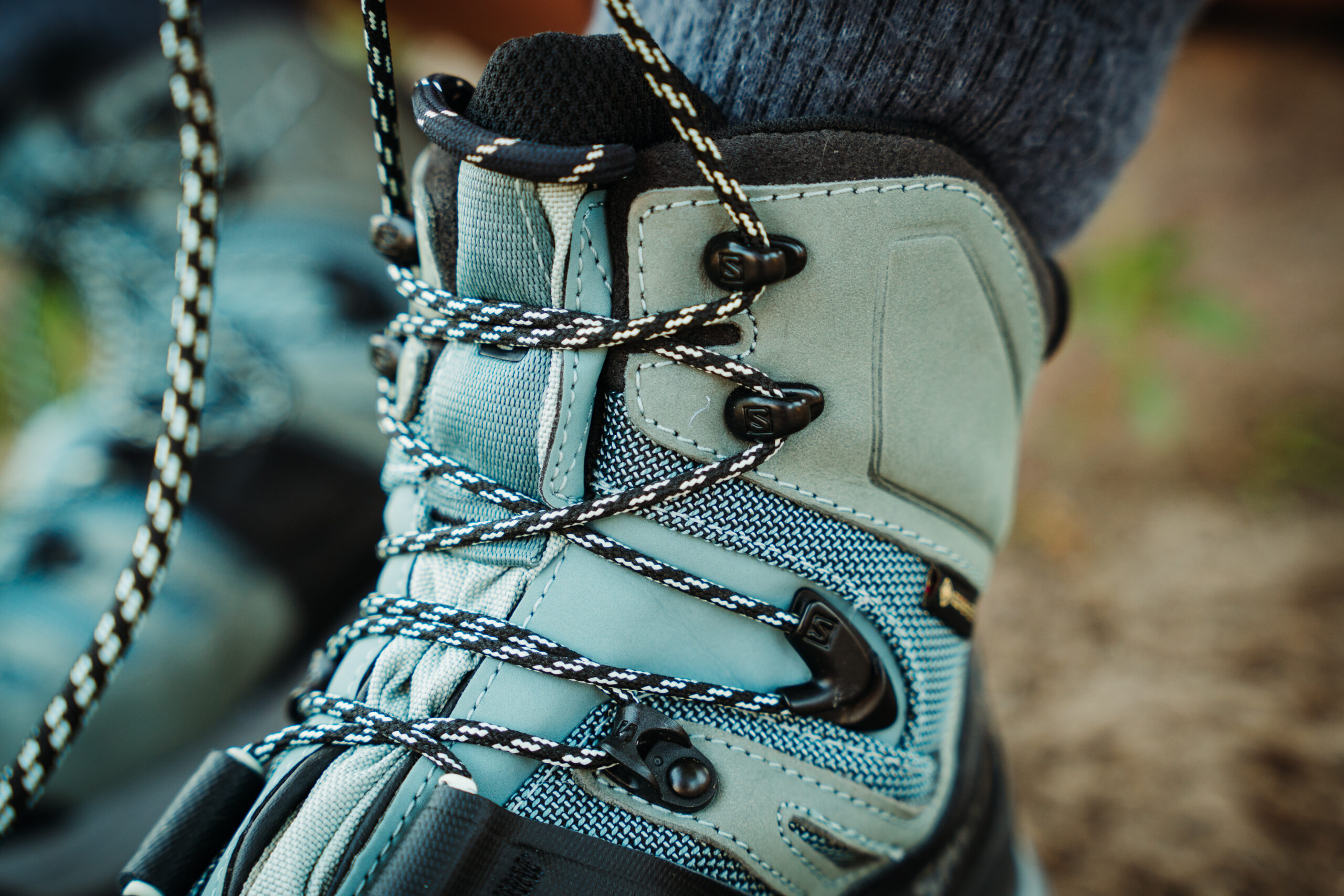 Close up of the laces and upper of the Salomon Quest 4 GTX Women's Hiking Boots