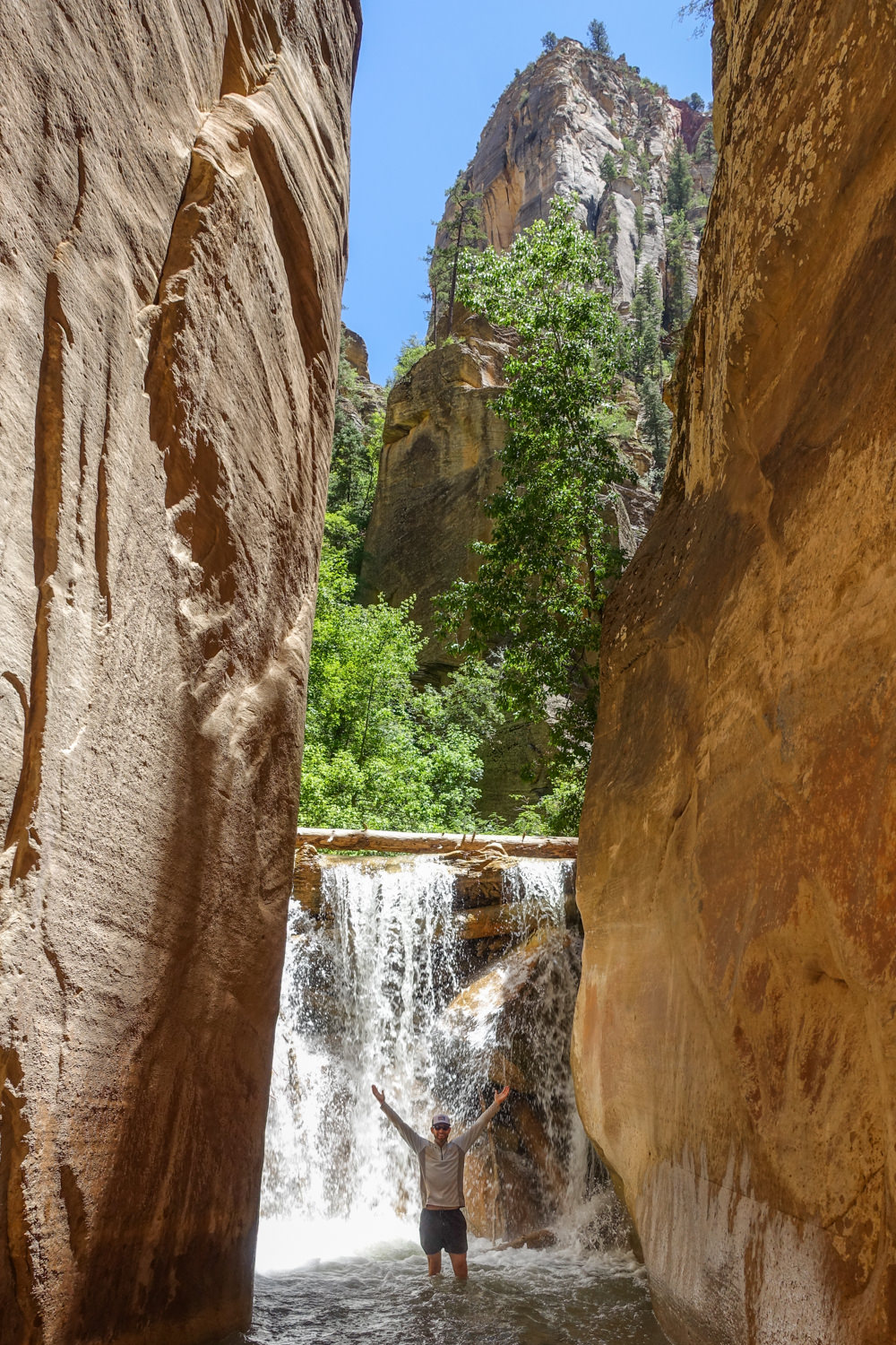 a hiker in the narrows of zion national park standing with their arms raised in knee deep water in front of a waterfall in a slot canyon