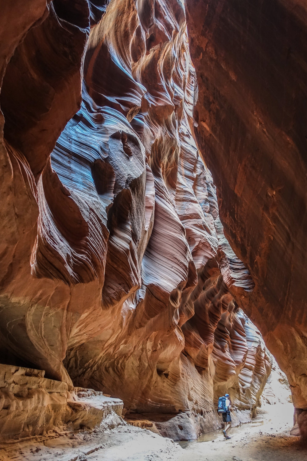 a hiker walks below undercut sandstone cliffs in utah