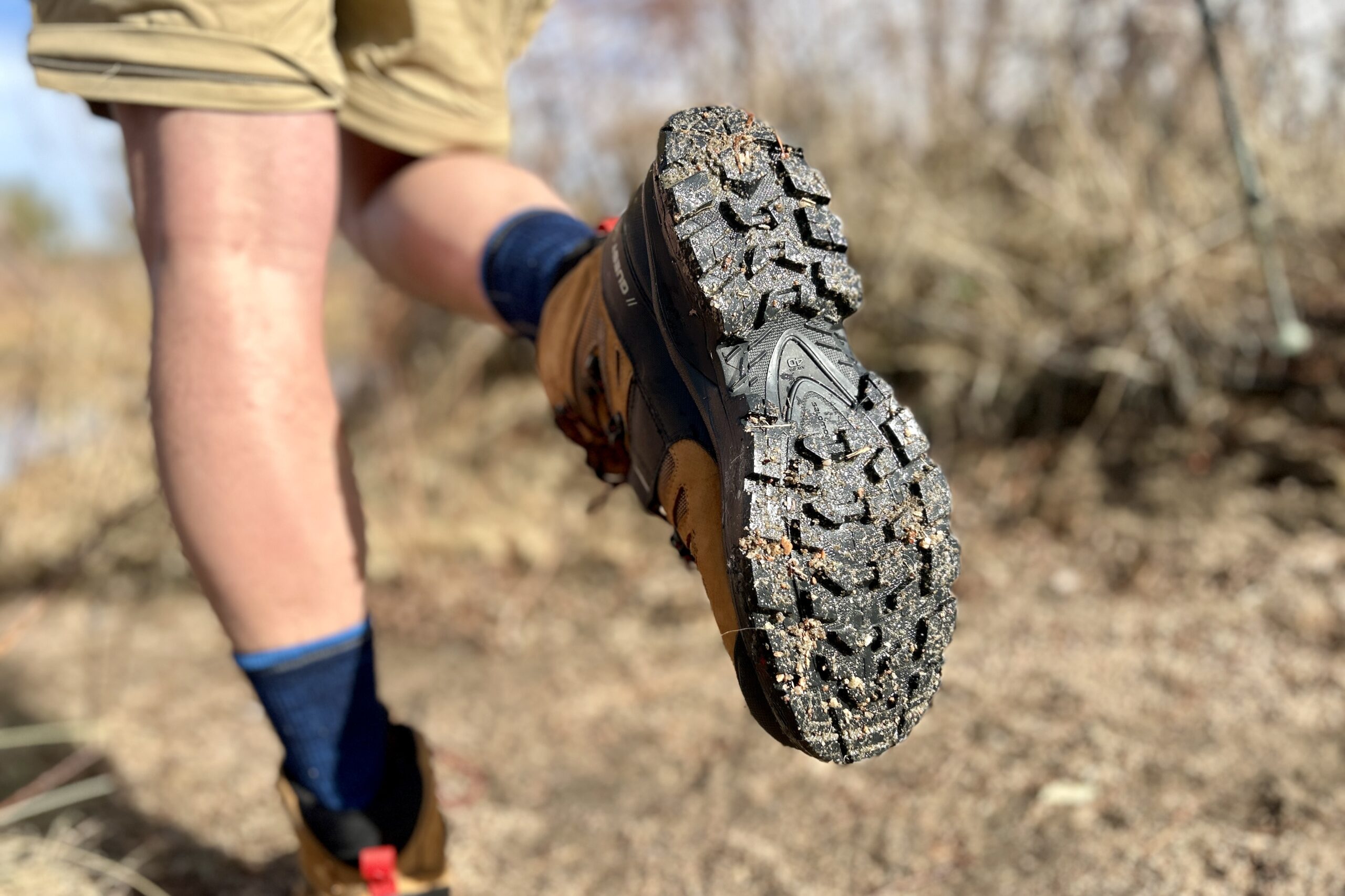 Close-up image of the traction on the bottom of a pair of boots.