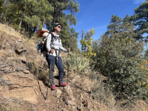 A person wearing the Halle pants and a backpack is standing on a trail in the woods looking off into the distance.