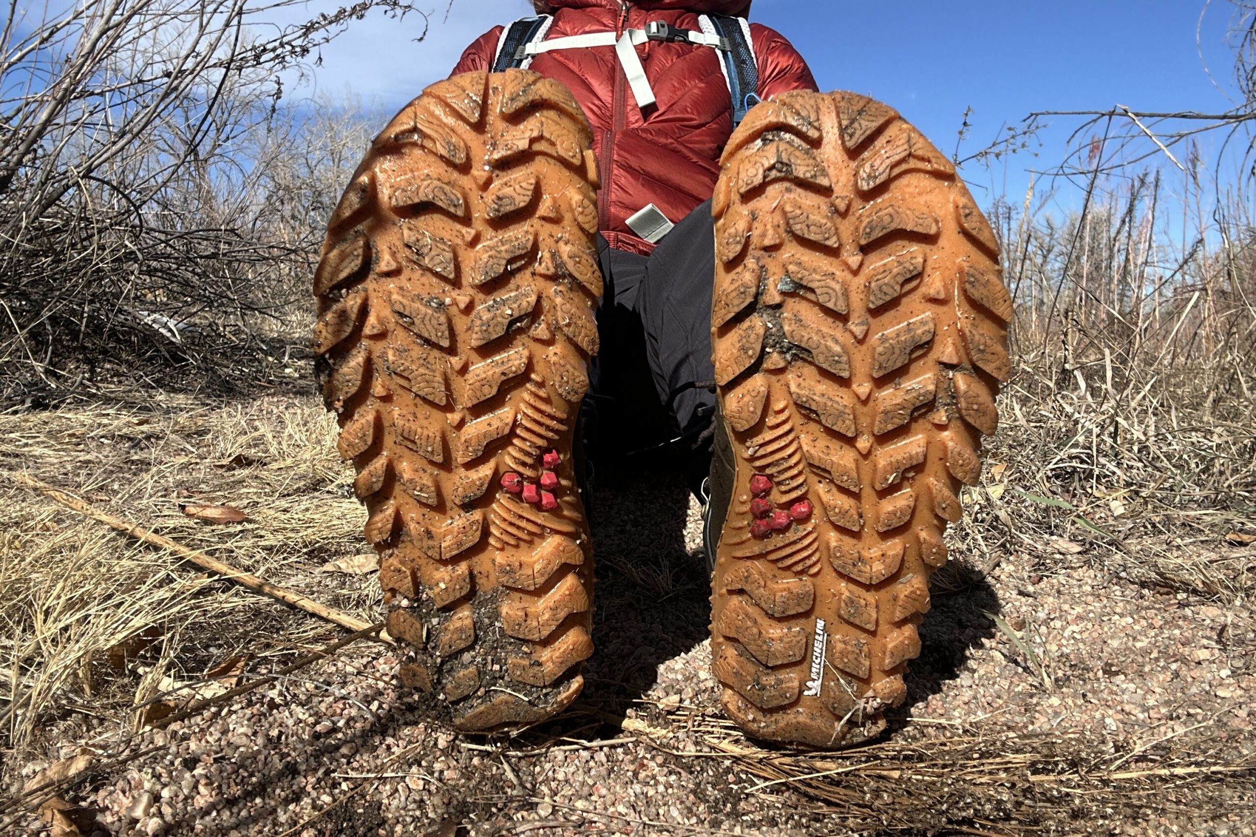 Close up image of the tread pattern on a pair of hiking boots