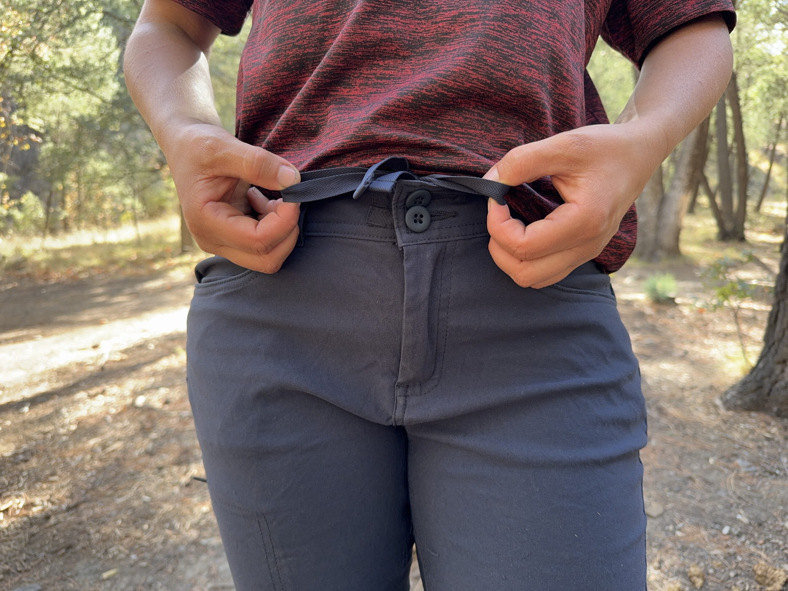 A close up of the waist tie on the Halle pants.