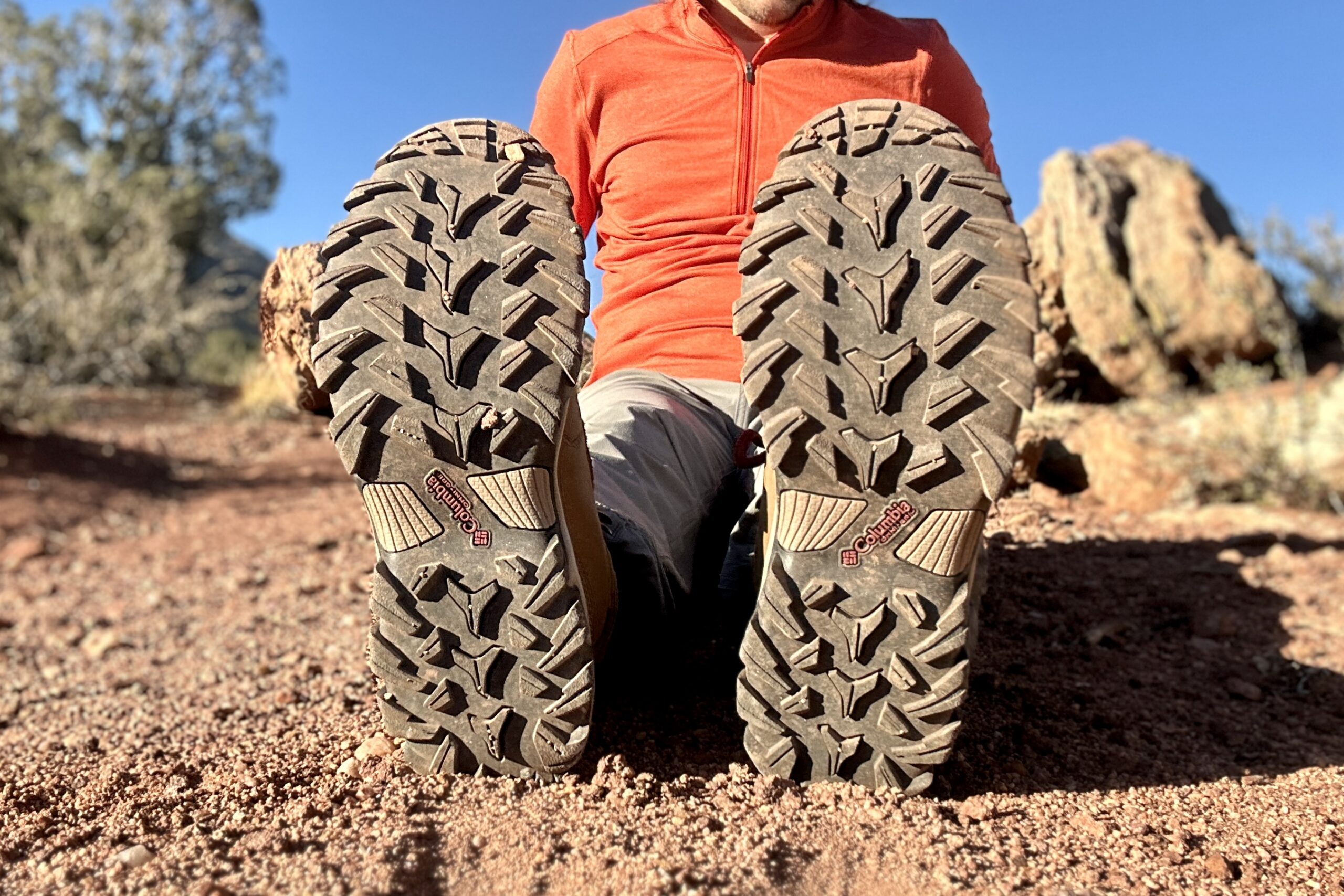 Close up of the tread / traction on the bottom of some hiking boots.