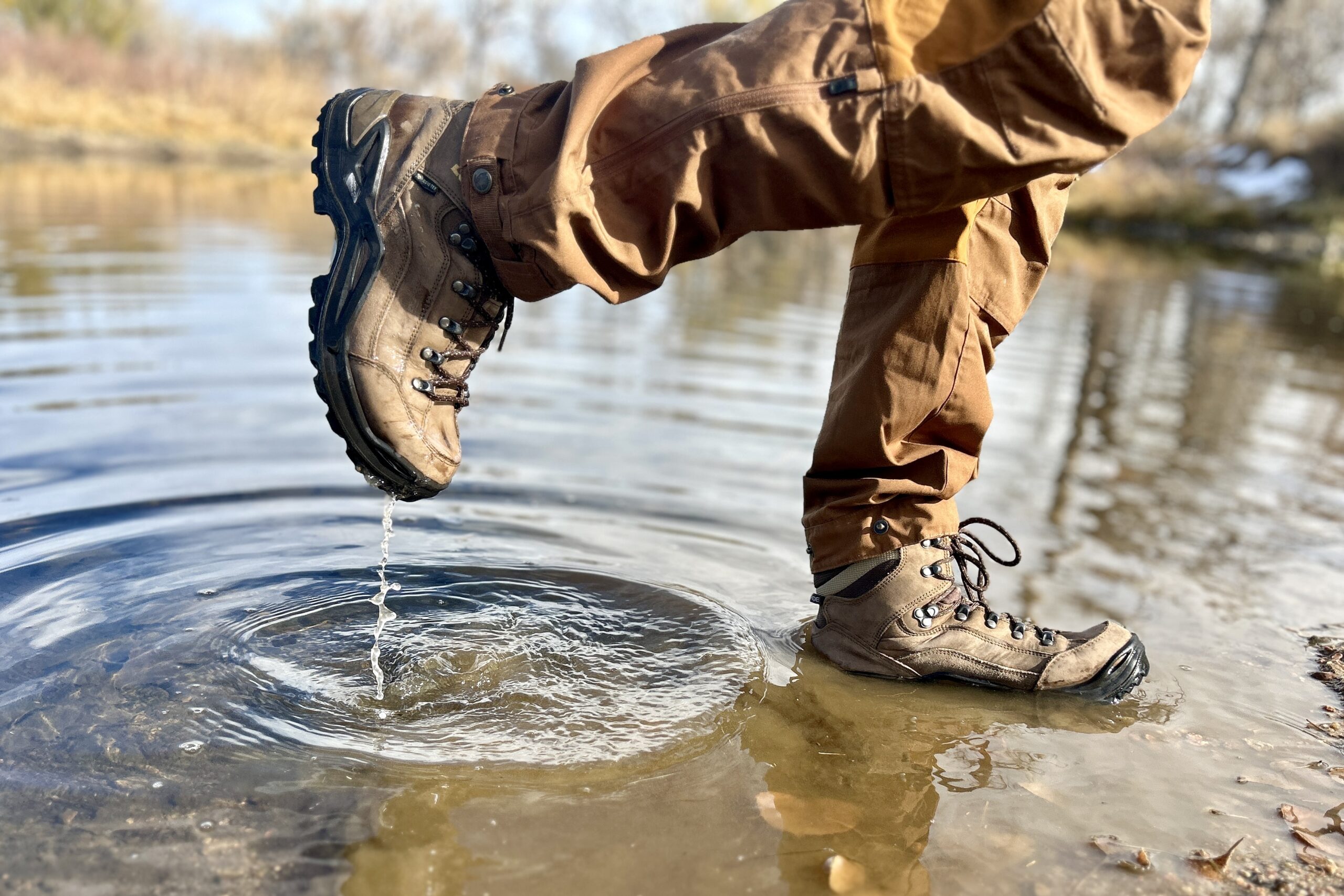 Close-up image from the knees down of a person walking in hiking boots in a wilderness area.