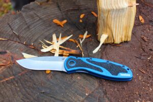 The Kershaw Blur open on a log next to wood shavings