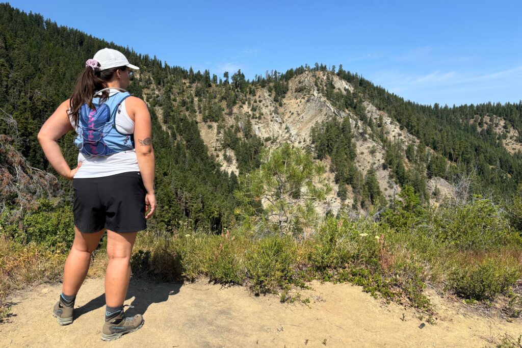 Hiker stopped at an overlook wearing the La Sportiva Nucleo High II GTX Women's Hiking Boots