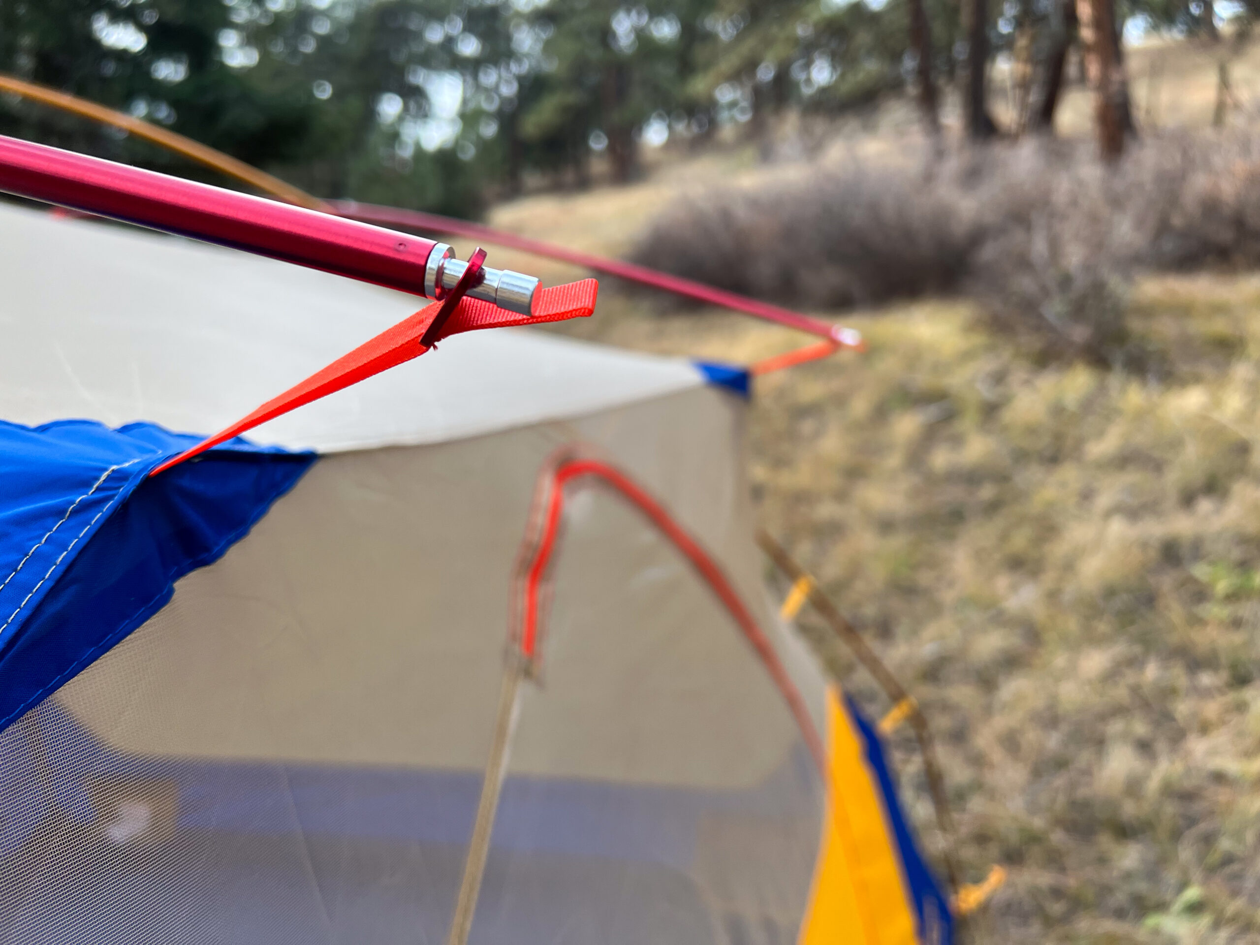 Close-up view of the Marmot Tungsten 4p tent's color-coded poles and attachment points, showcasing the intuitive design for simplified setup in a woodland campsite setting.