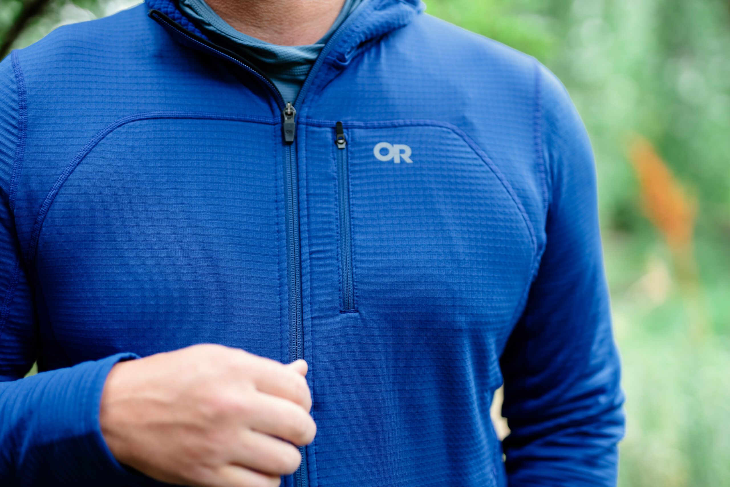 a close up of the chest and front of the Outdoor Research Vigor Fleece Jacket