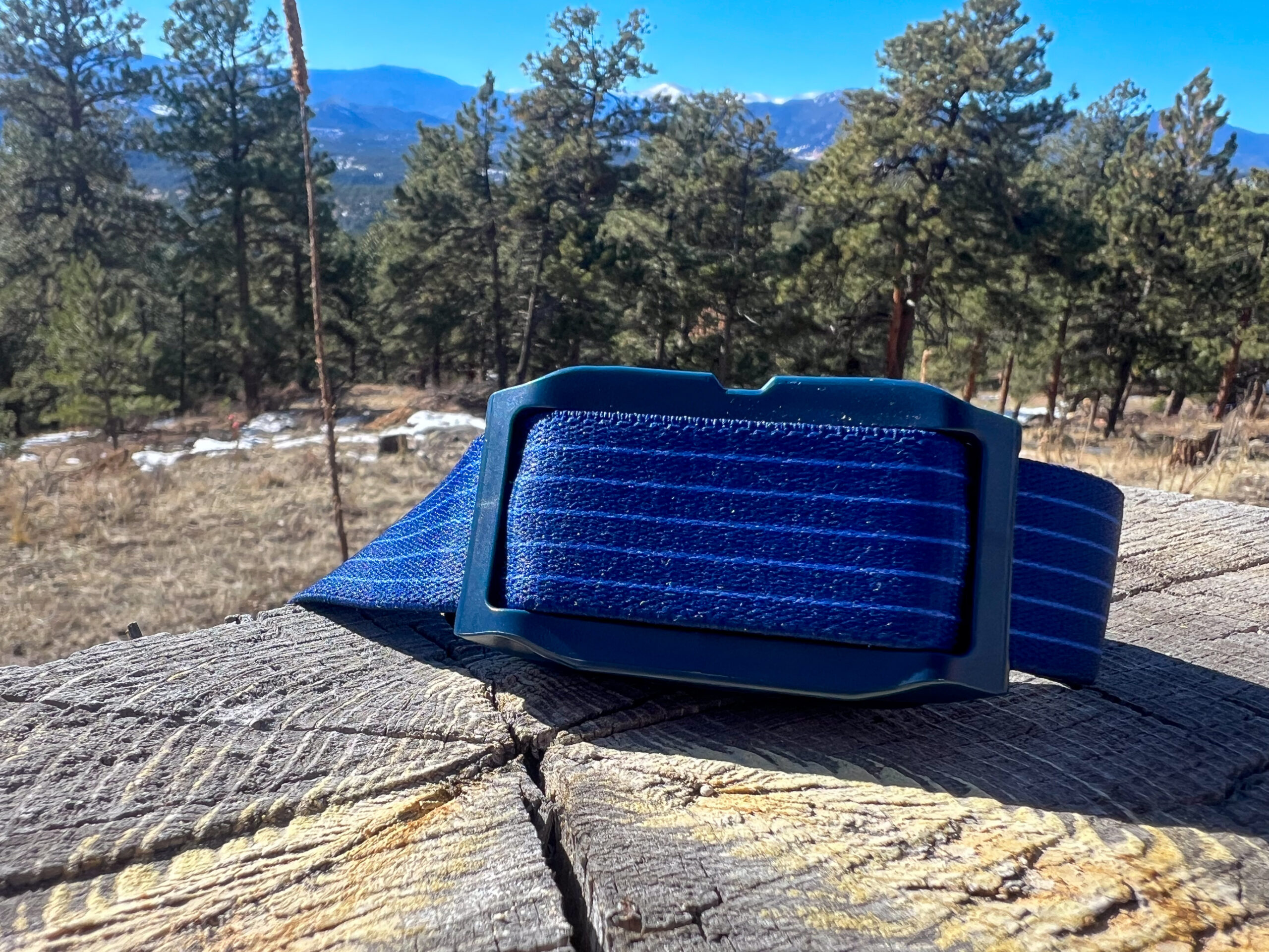 The image shows the back of the Petzl Actik headlamp, focusing on the blue strap and the plastic buckle that secures the headlamp in place. The strap is neatly laid out, and the buckle is positioned on a wooden surface with the backdrop of a forested landscape and mountains in the distance.