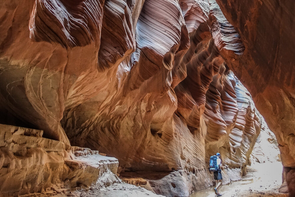 a hiker walks below undercut sandstone cliffs in utah