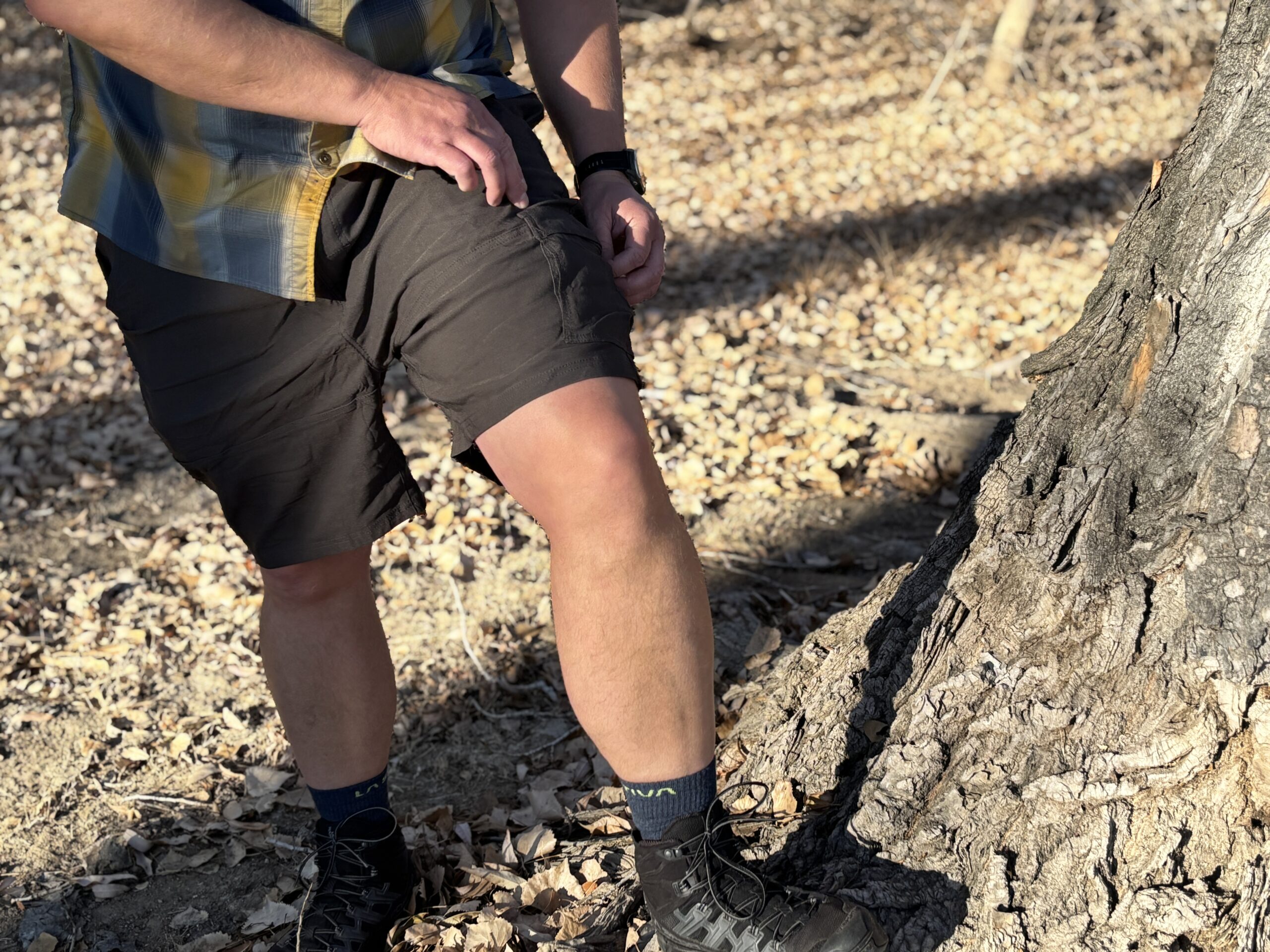 Man wearing shorts steps on a tree.