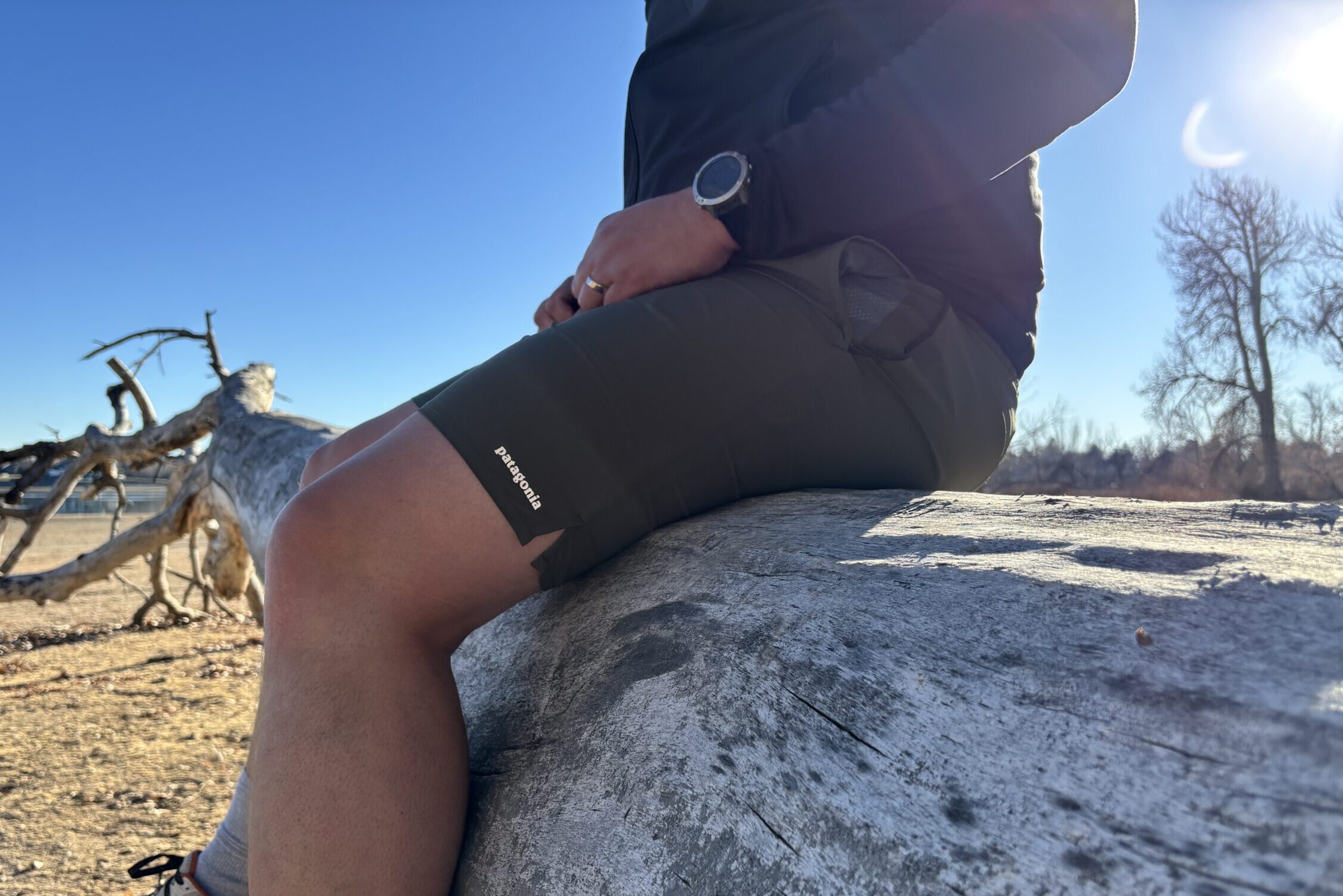 A close up of a man sitting on a tree in shorts.