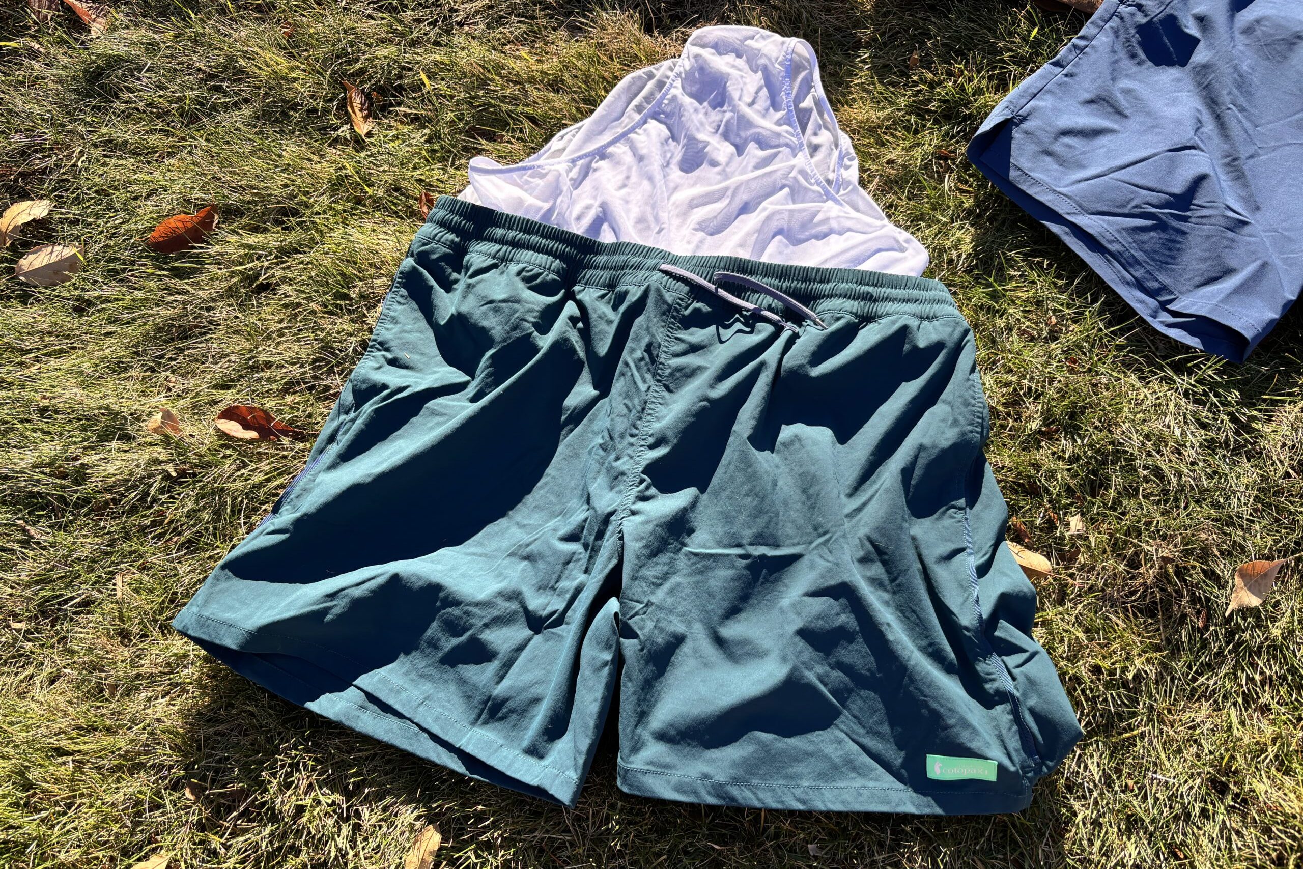 Shorts with a liner out in the grass.