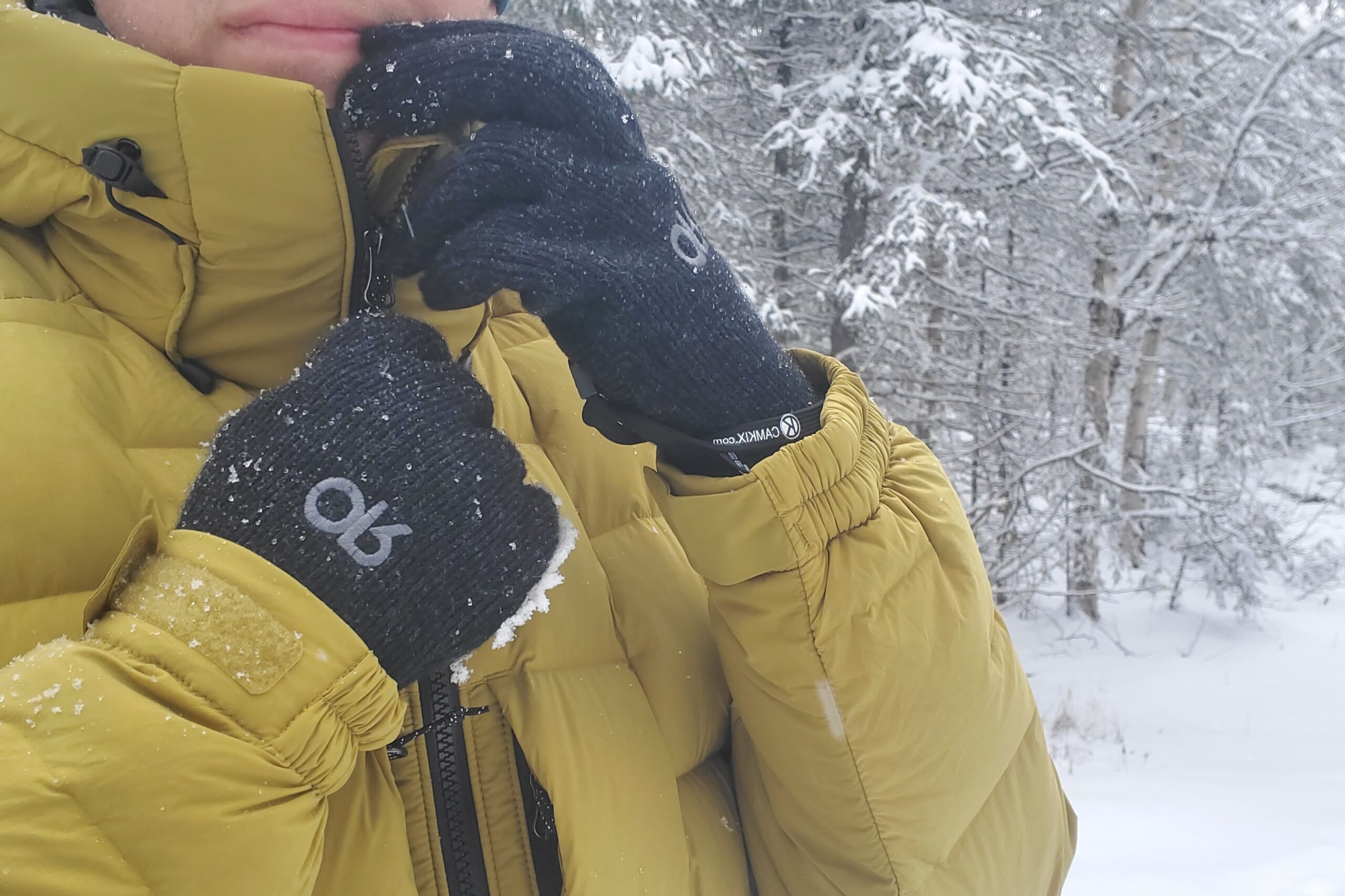 A closeup of snow covered gloves.