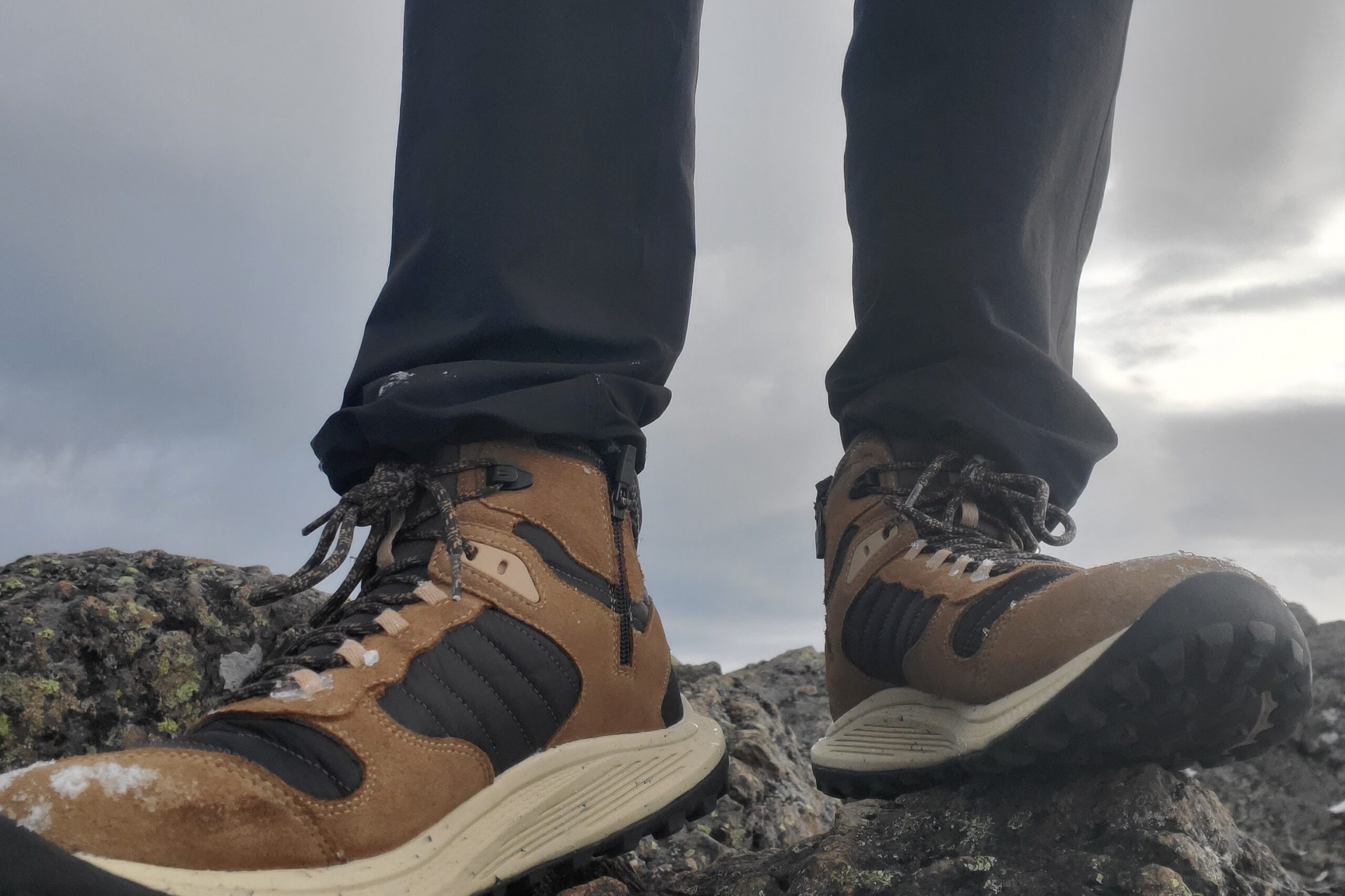 A closeup of the front of a pair of winter hiking boots.