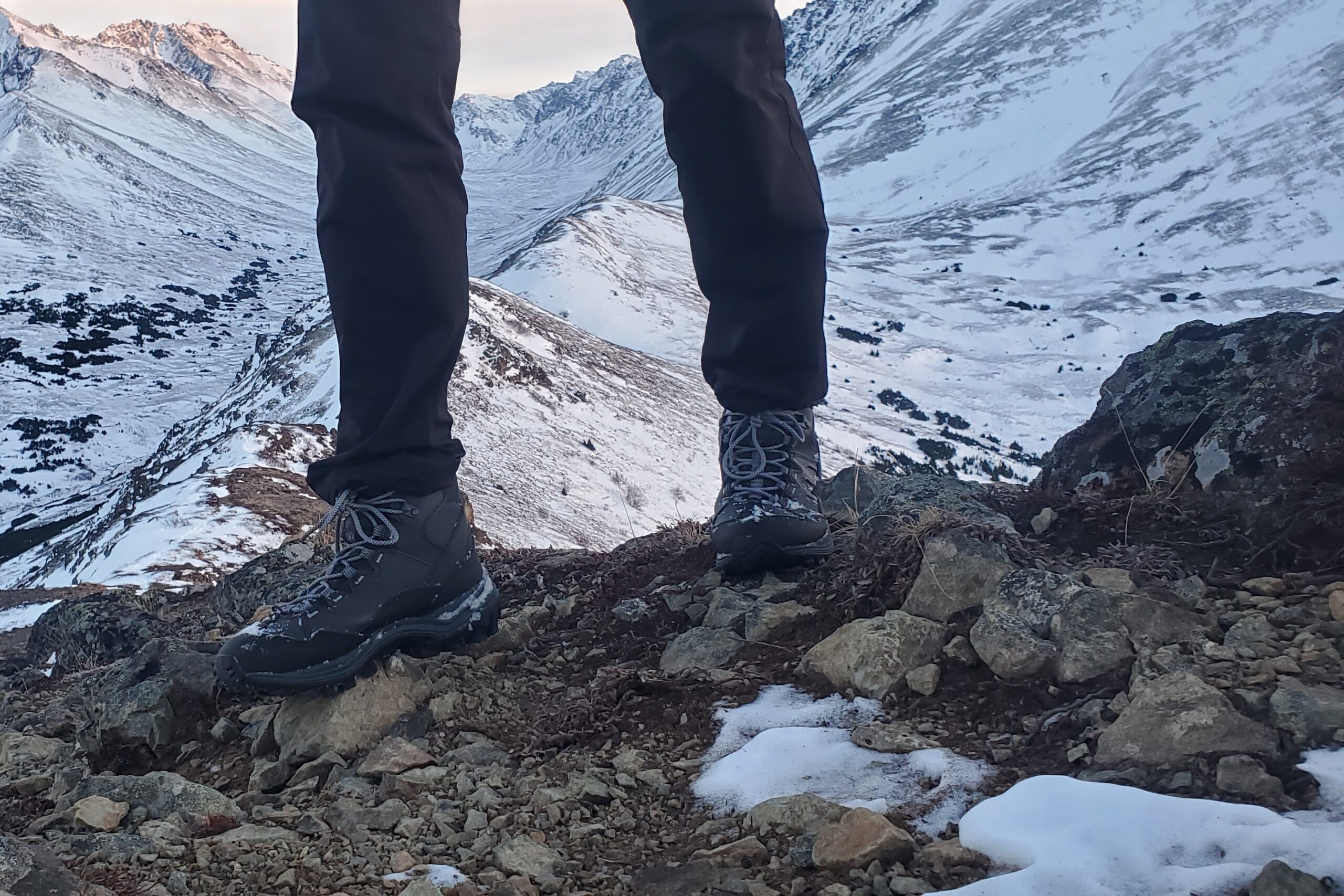 Winter books hiking on rocky terrain