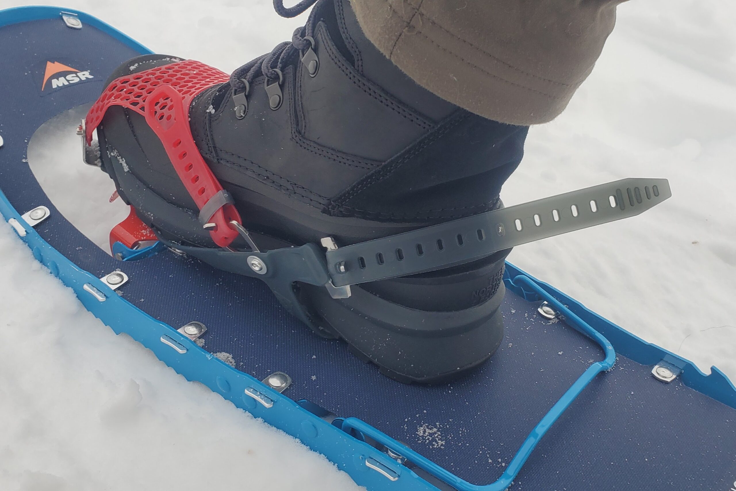 A closeup of the heel of winter boots strapped in to snowshoes.