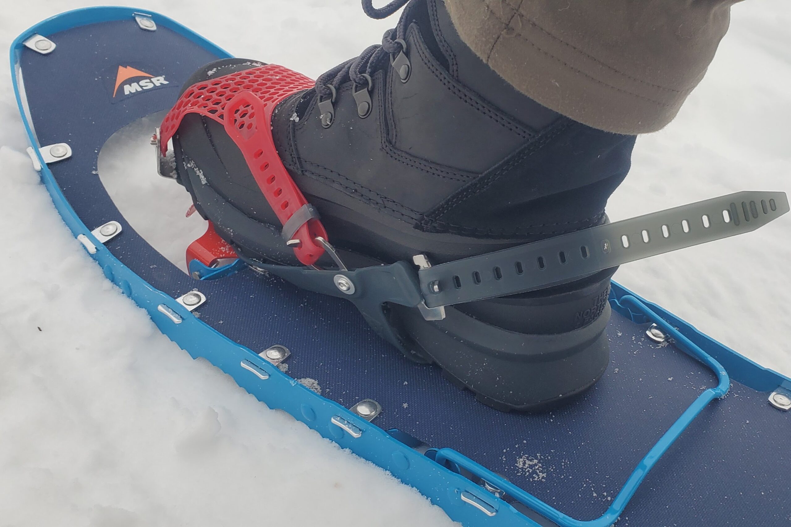 A closeup of the heel of snowshoes