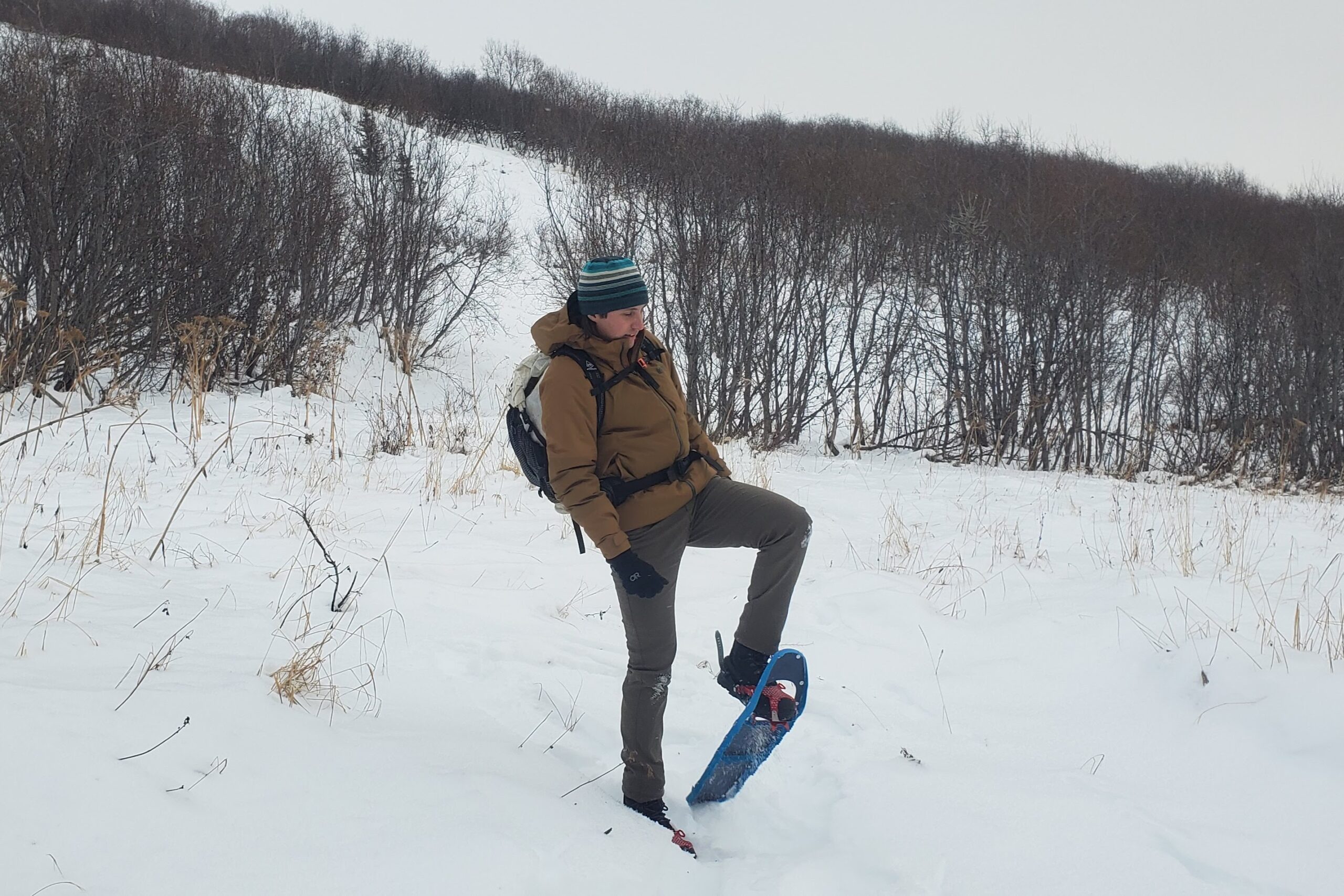 A man walks through a winter meadow