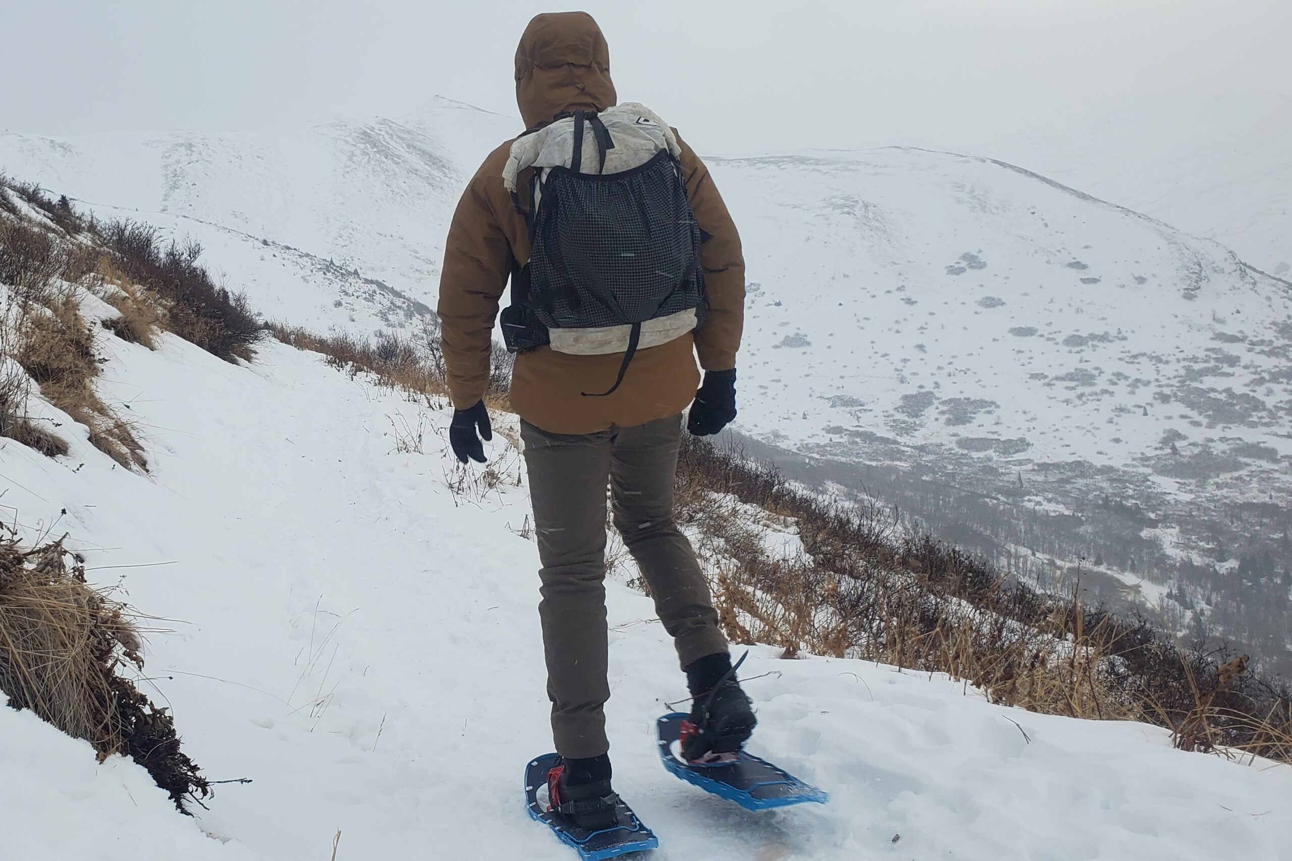 A man snowshoes in front of a mountain view.