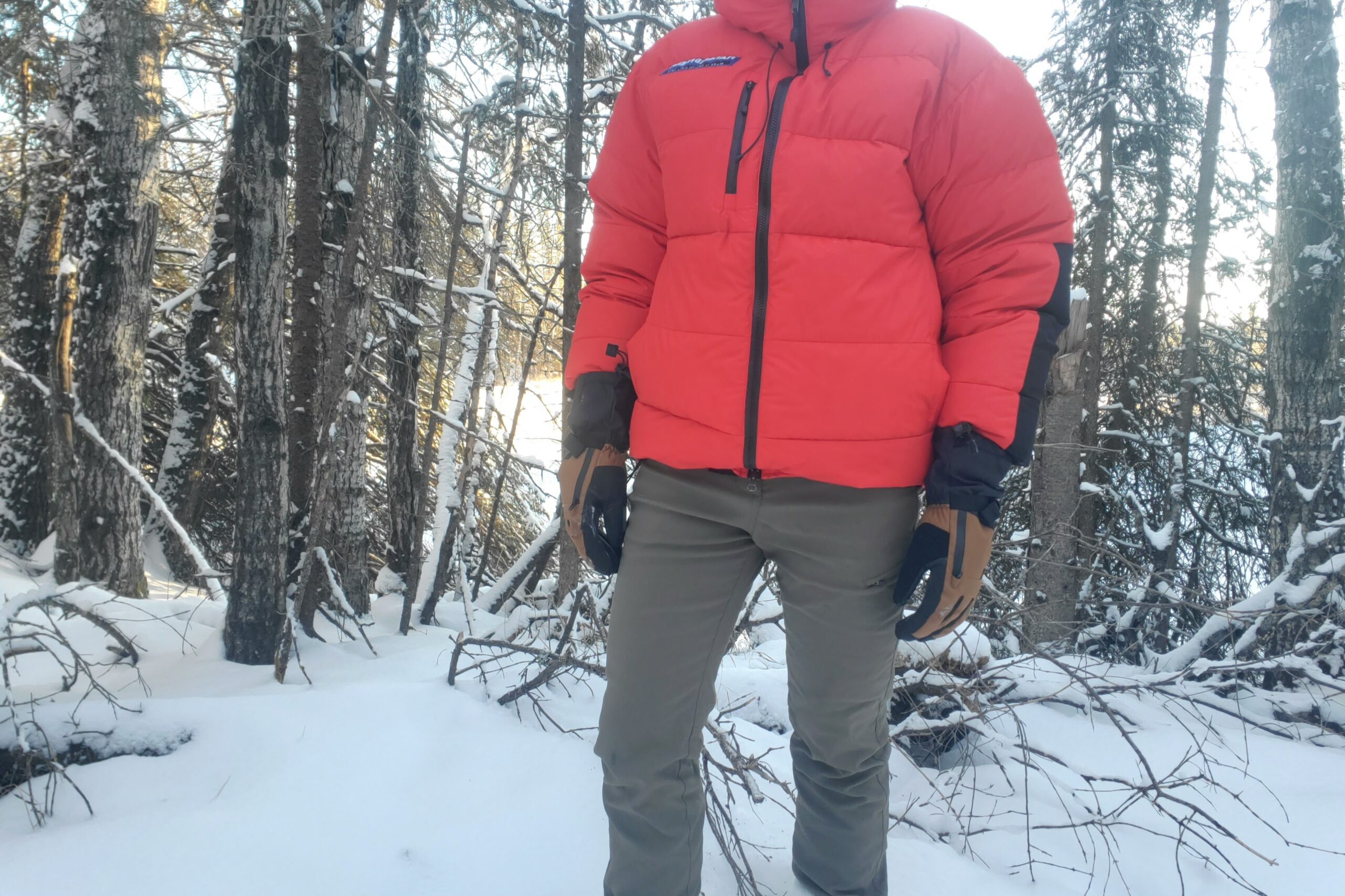 A man stands in a snowy forest.