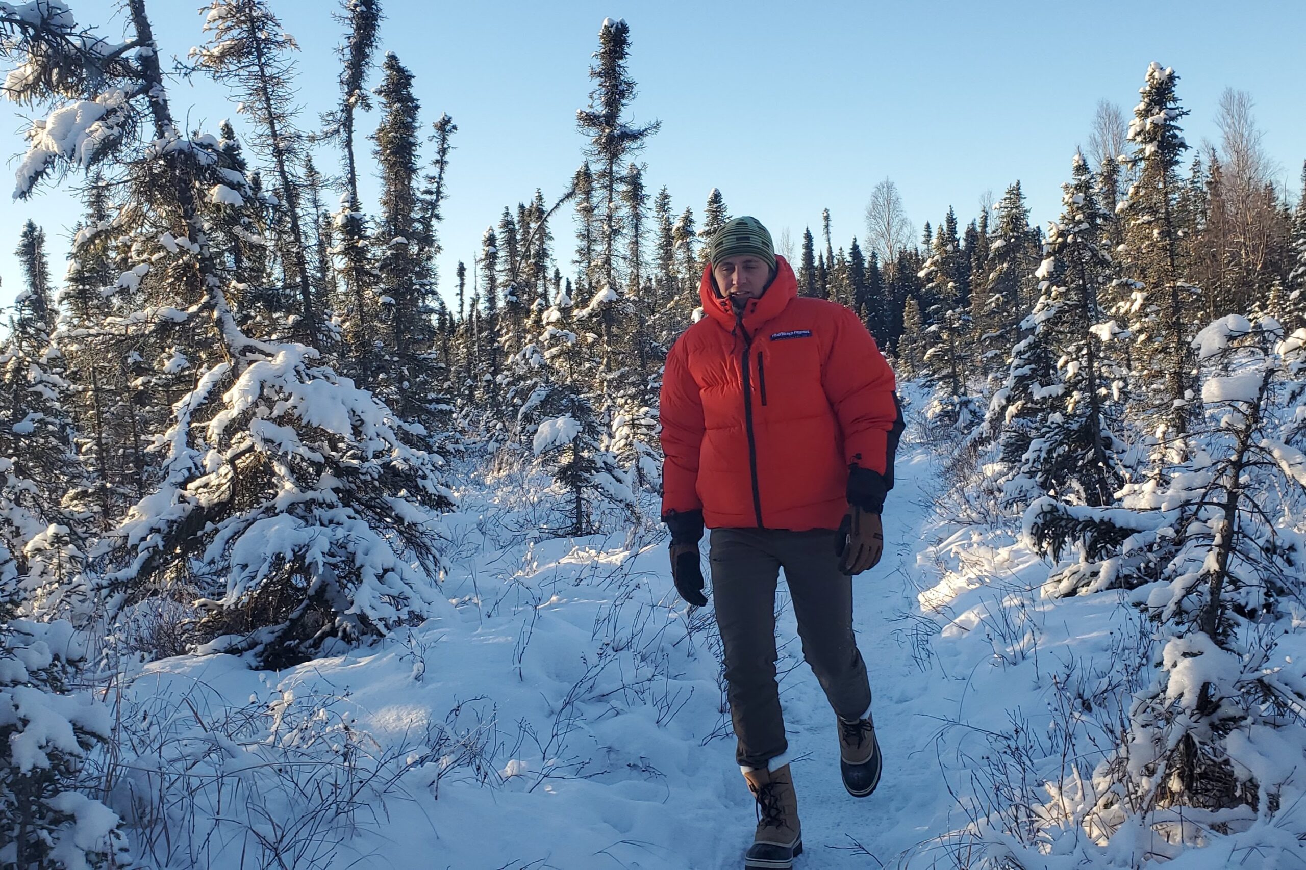 A man walks down a narrow trail in a winter forest.