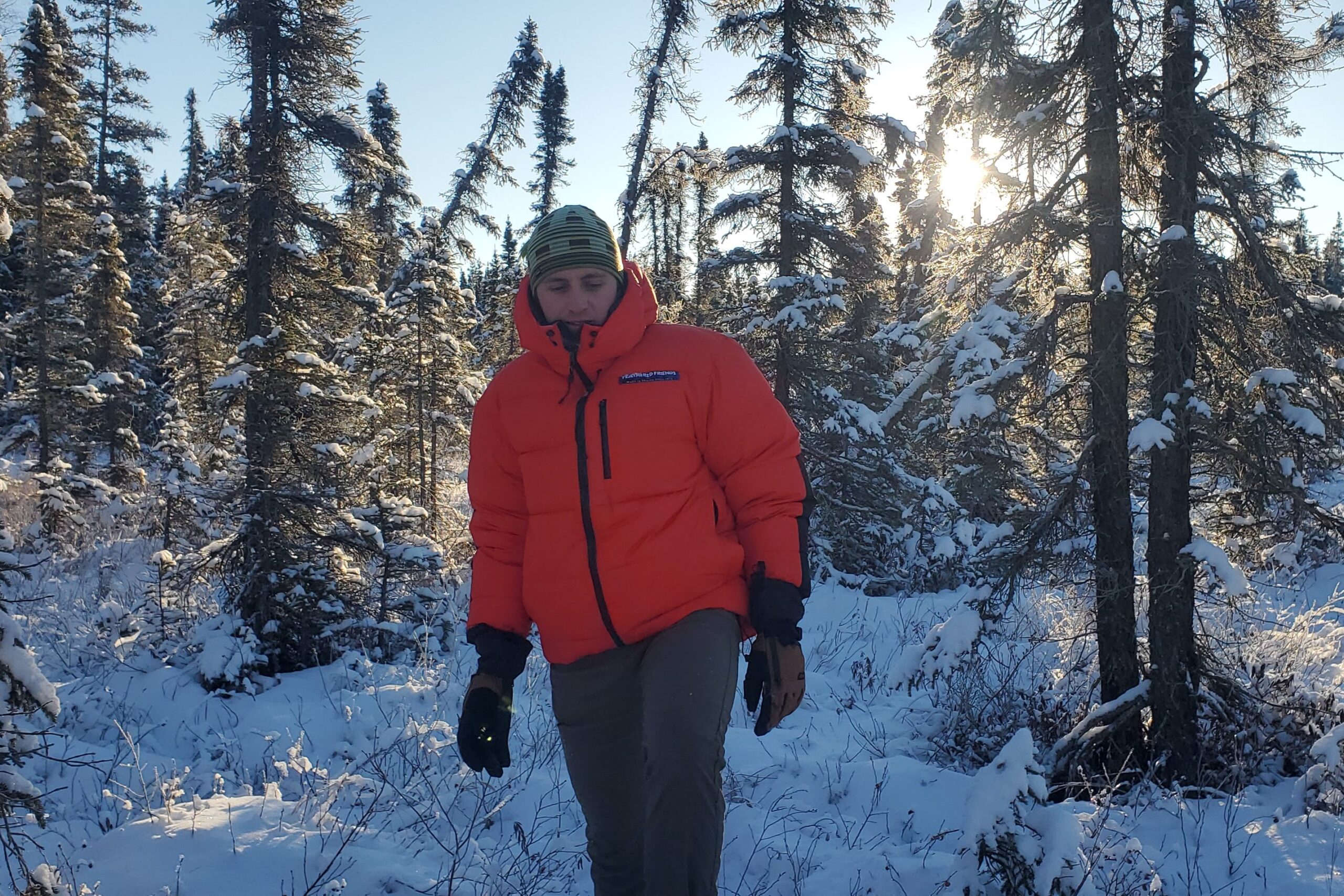 A man walks throw a backlight snow forest