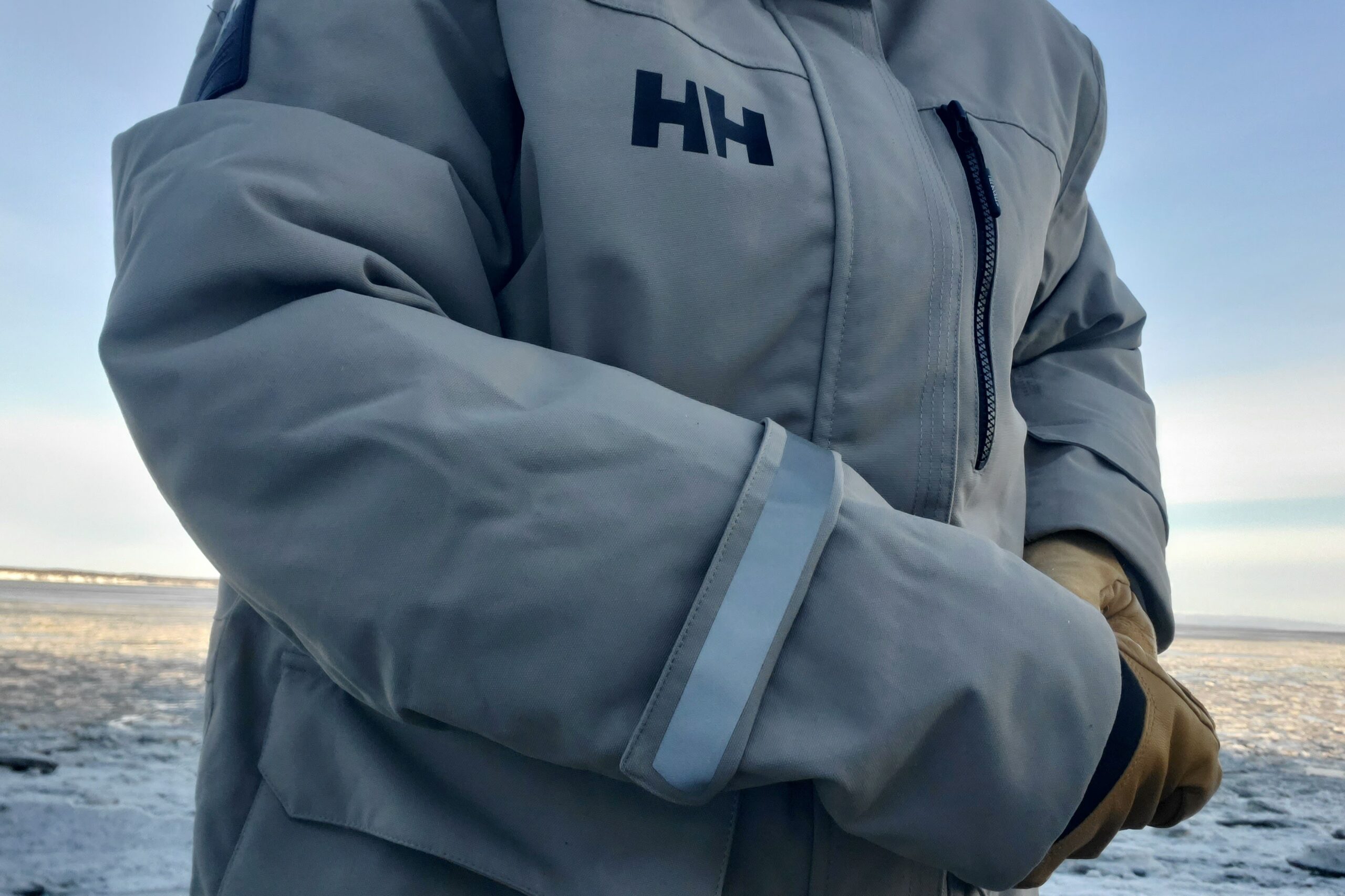 A closeup of a reflective strip on a winter jacket.