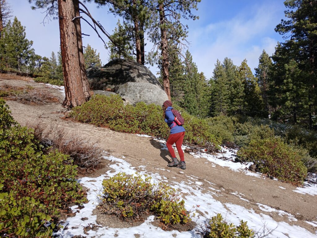 Woman hiking in reddish/orange leggings on a dirt trail with a little snow on the sides of the trail. She's wearing a small purple backpack, a different color purple rain jacket, and a beanie, plus brown and grey hiking boots. There are pines trees, bushes, and granite rocks off to the sides of the trail.