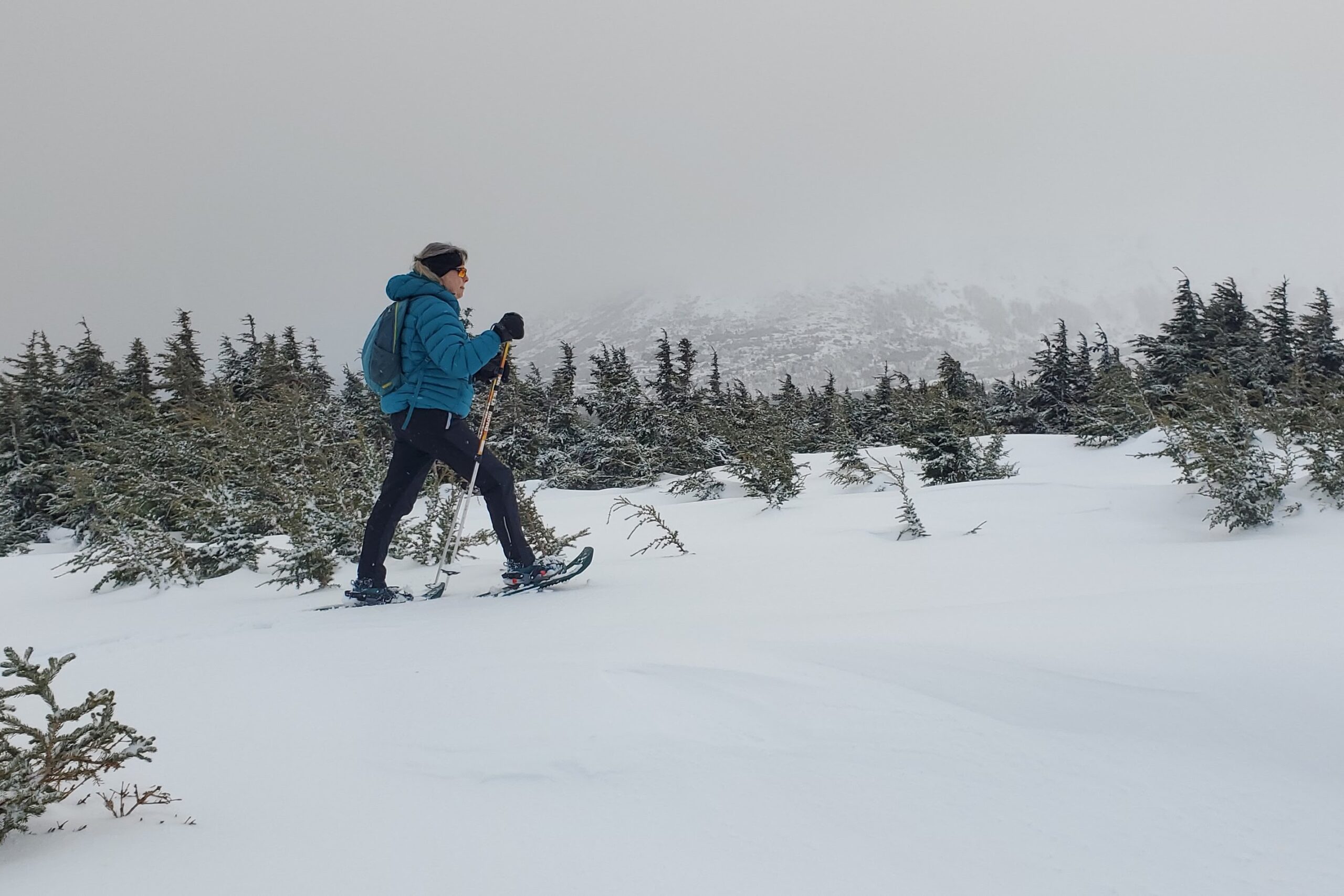 A woman walks in snowshoes in a winter landscape.