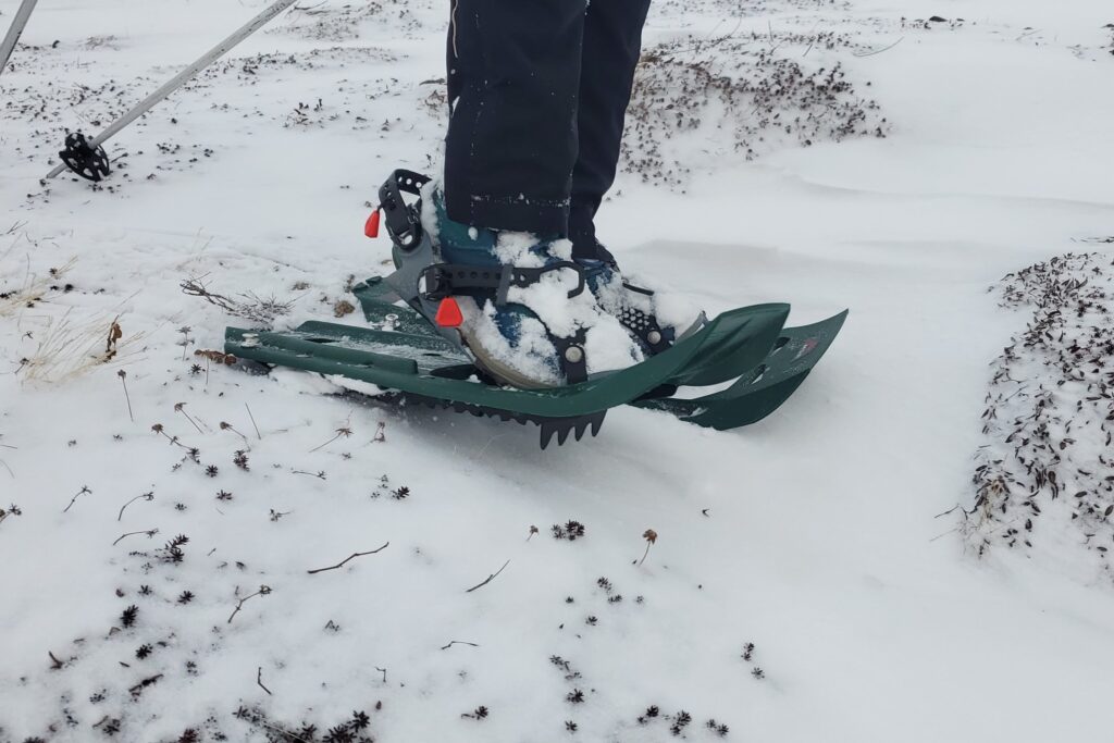 A closeup of the traction on snowshoes.