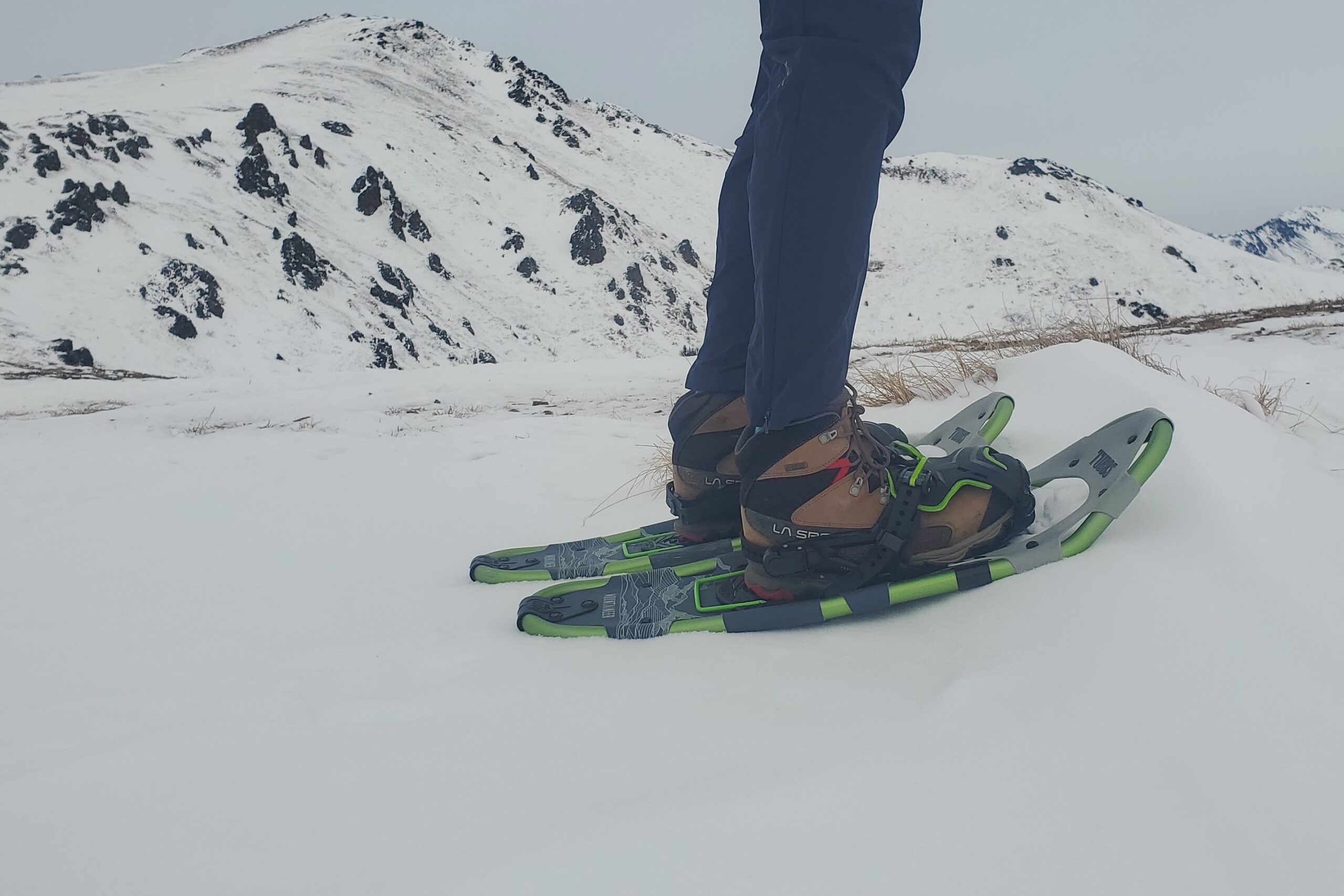 Snowshoes standing on a snowy mountainside