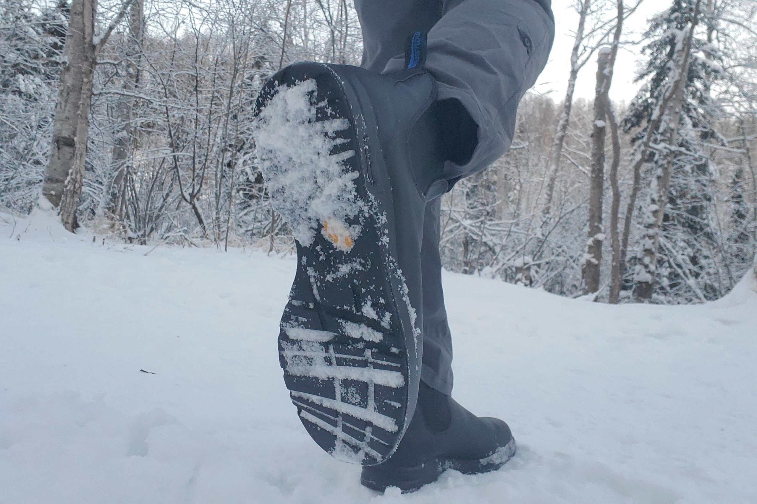 A detail shot of the tread of winter boots.