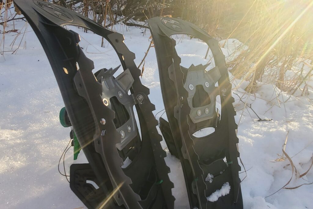 A detail shot of the teeth on a pair of snowshoes.