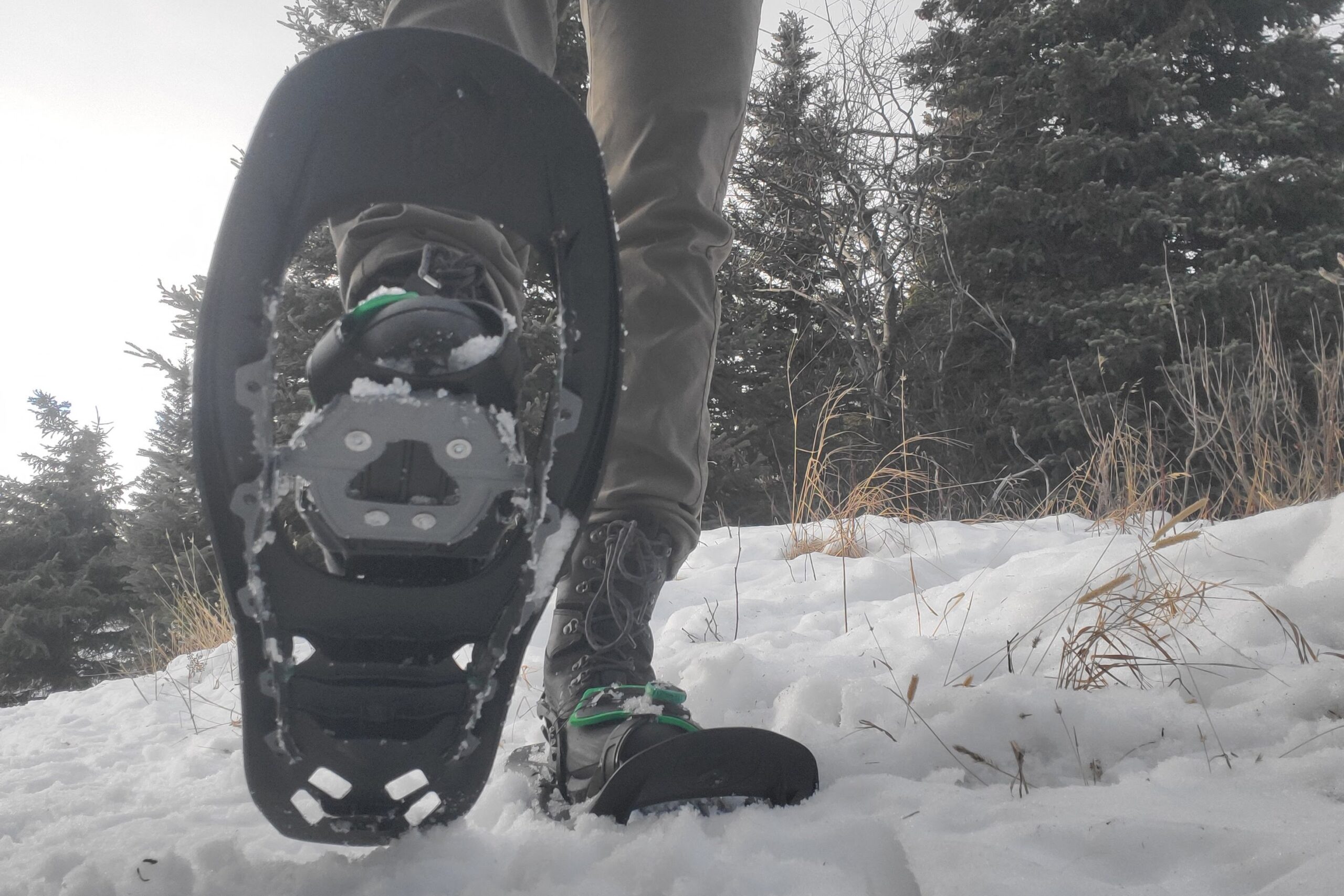 A closeup of snowshoes walking toward the camera