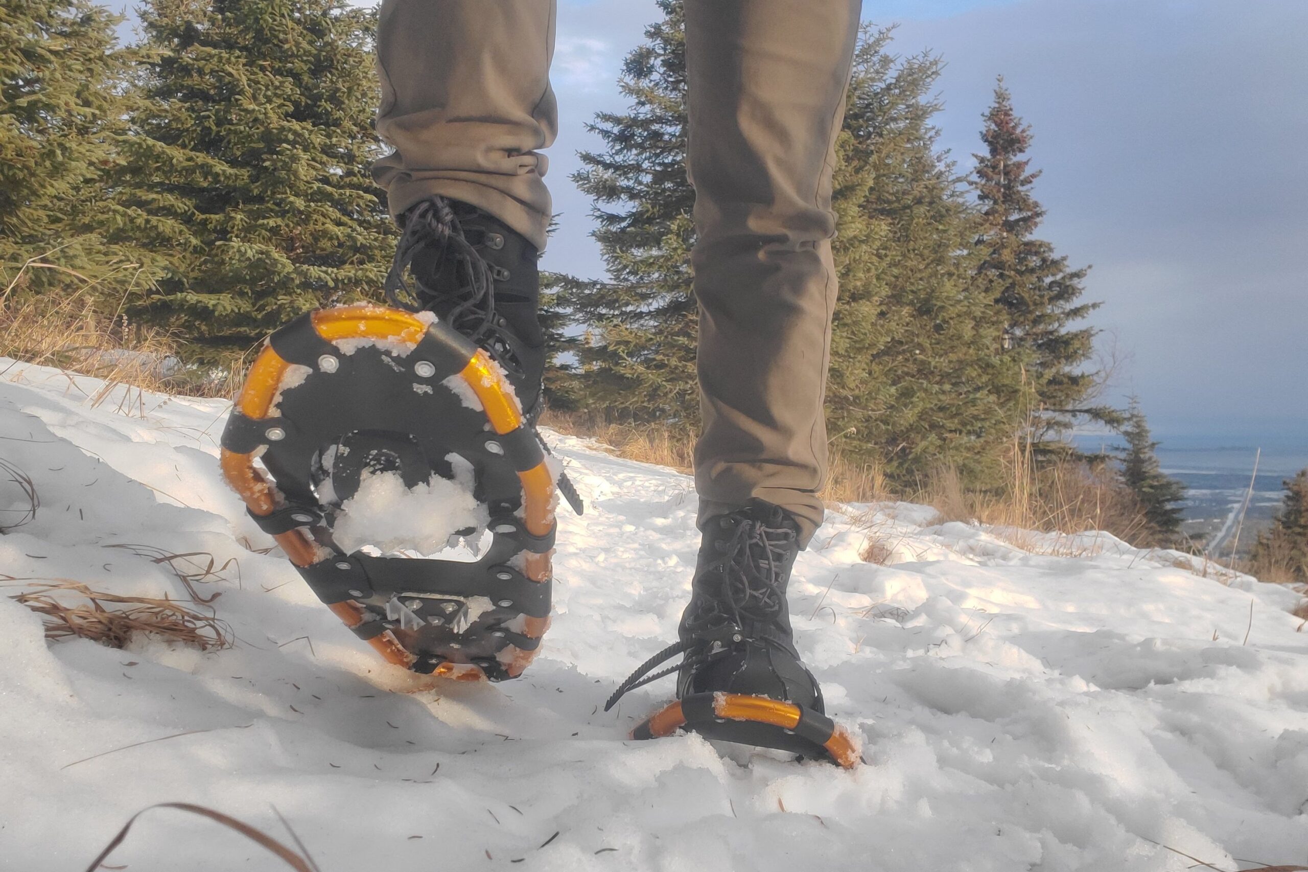 A pair of snowshoes takes a step along a snowy trail.