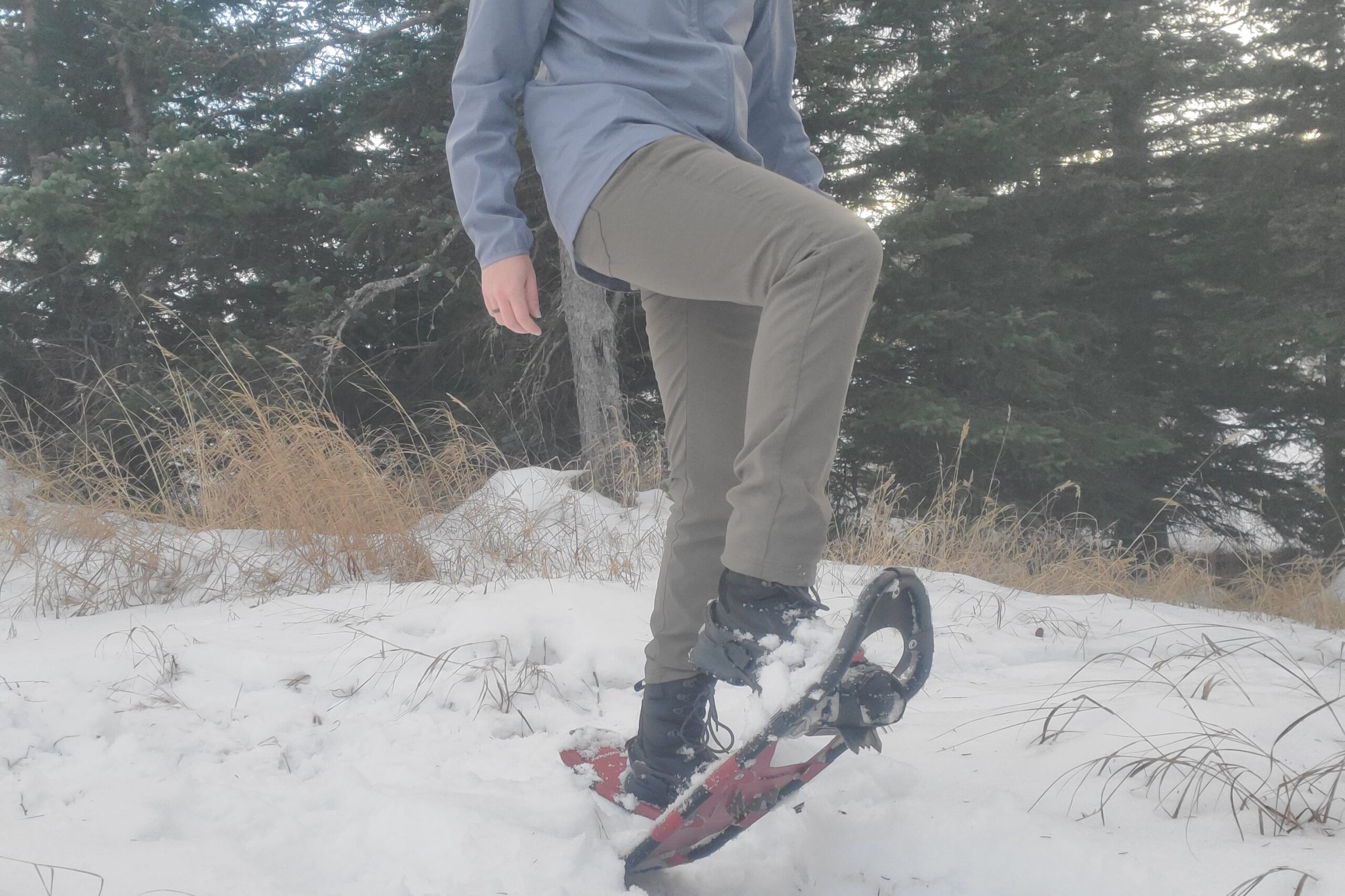 A pair of snowshoes in deep snow.