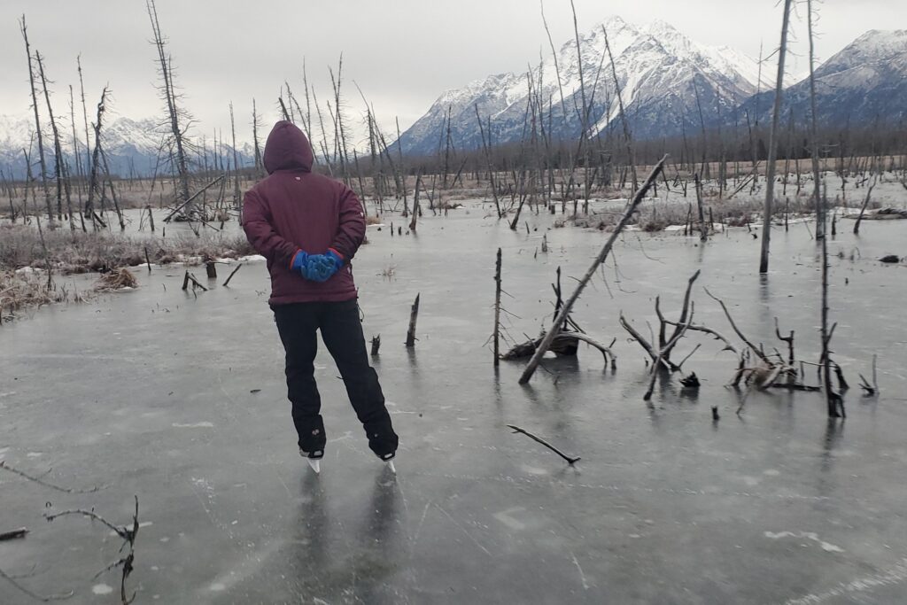 A man ice skates through dead trees.