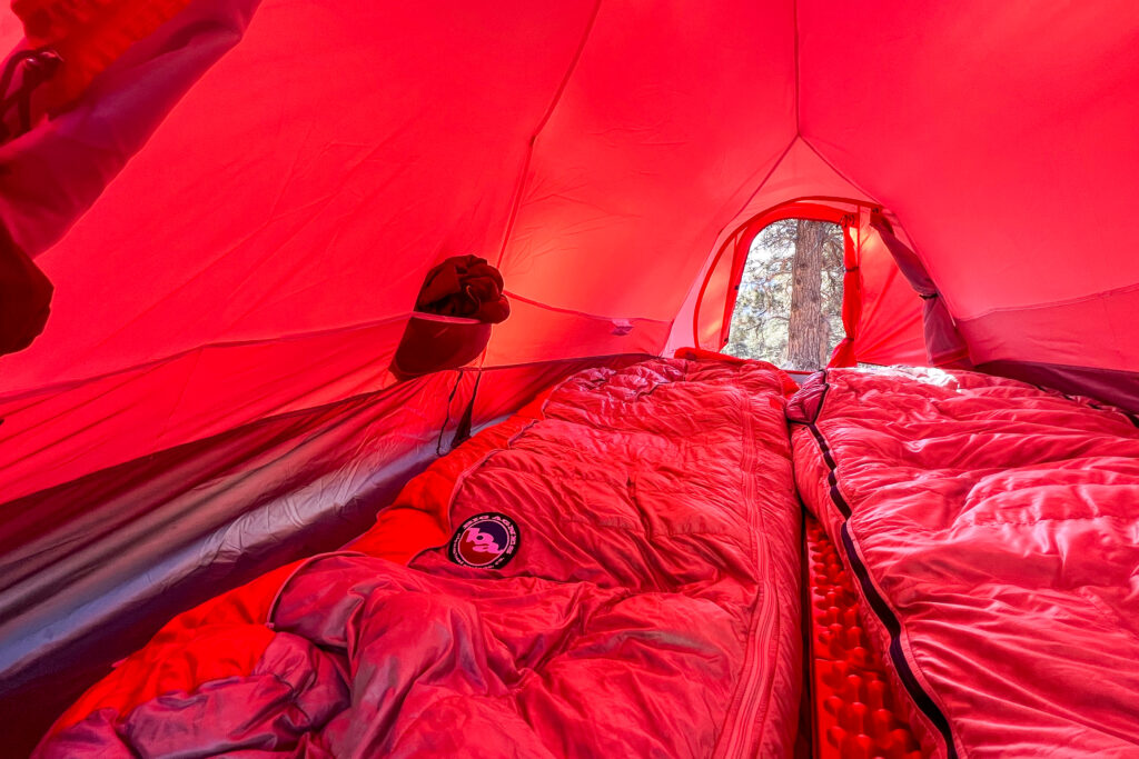 Two sleeping bags inside the Alps Mountaineering Tasmanian 2 tent