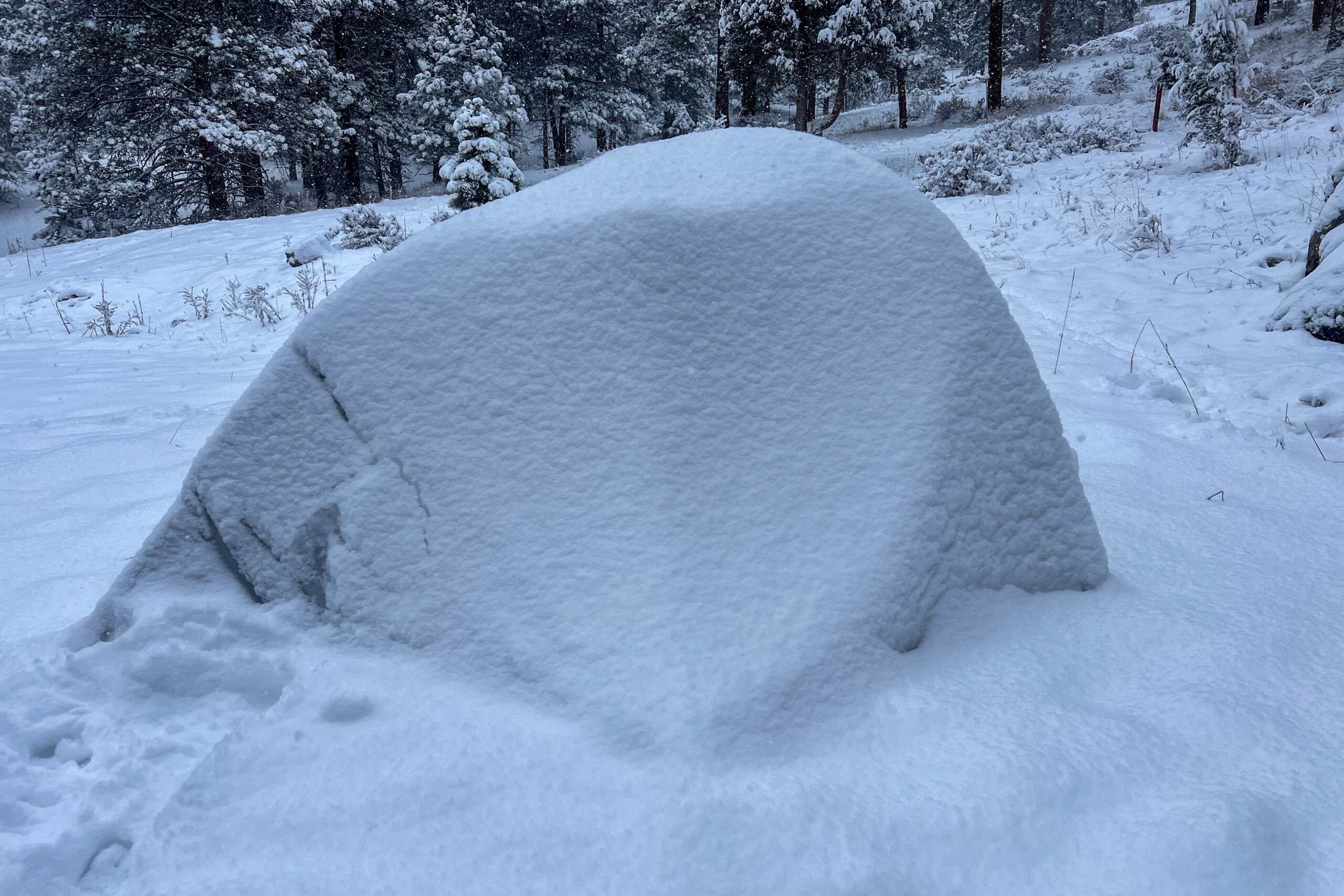 A snow-covered tent in a snowy forest, completely blanketed in snow, demonstrating its durability in winter conditions.