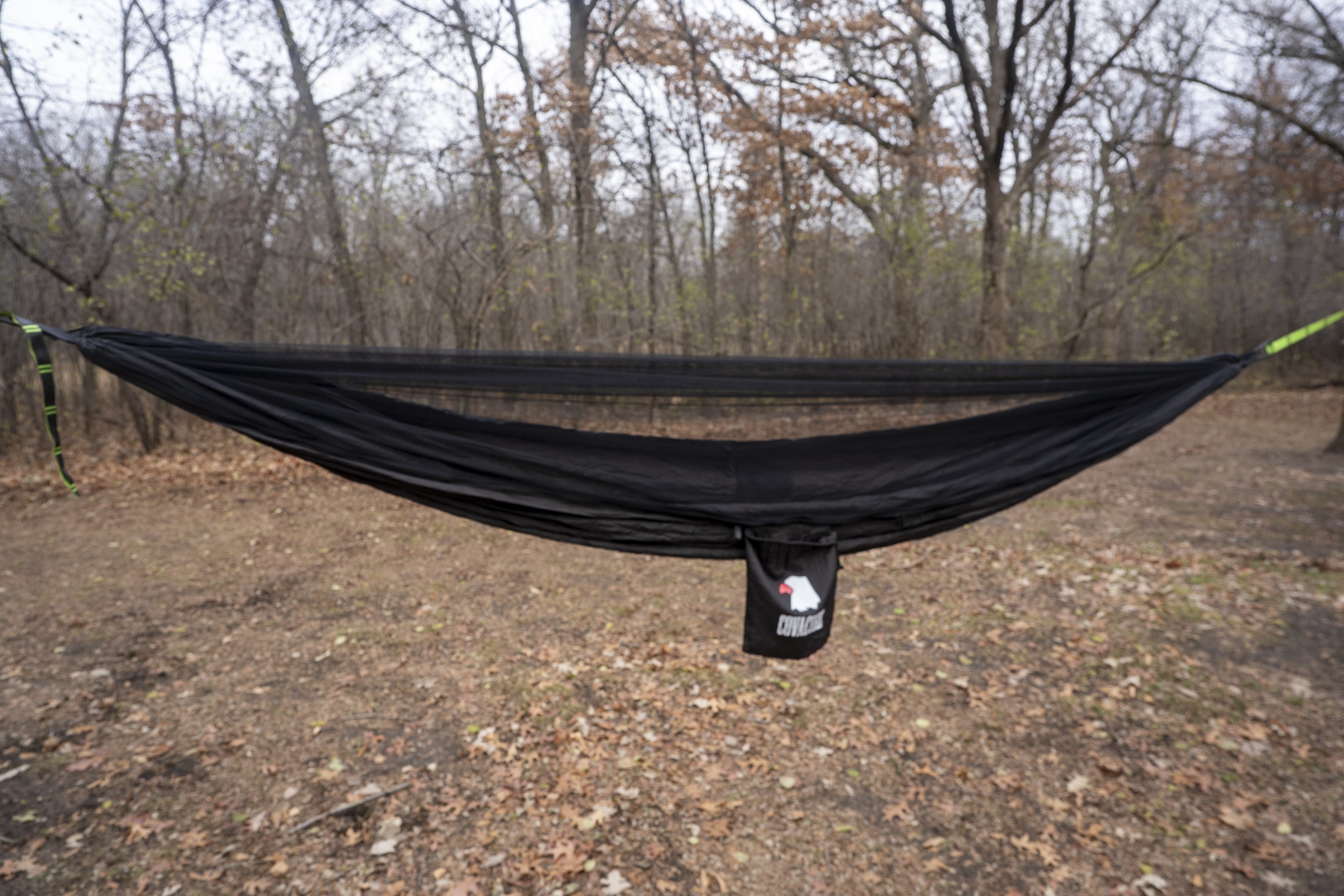 a black hammock hangs between two trees in a forest clearing