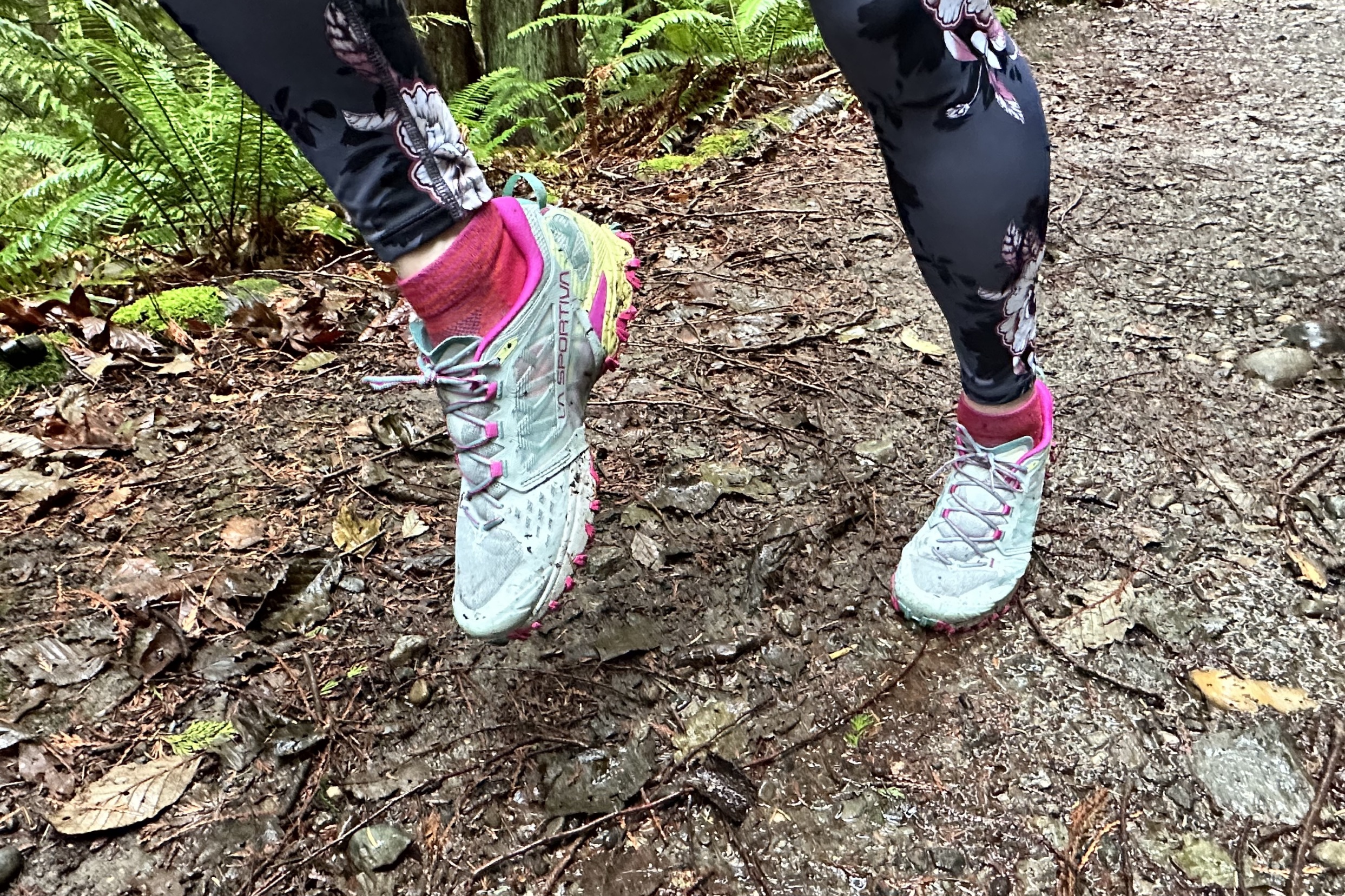 La Sportiva Women's Bushido III close up on trail