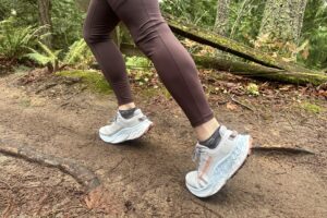 New Balance Women's Fresh Foam X Trail More V 3 close up on trail