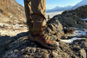 A closeup of the leather of winter hiking boots.